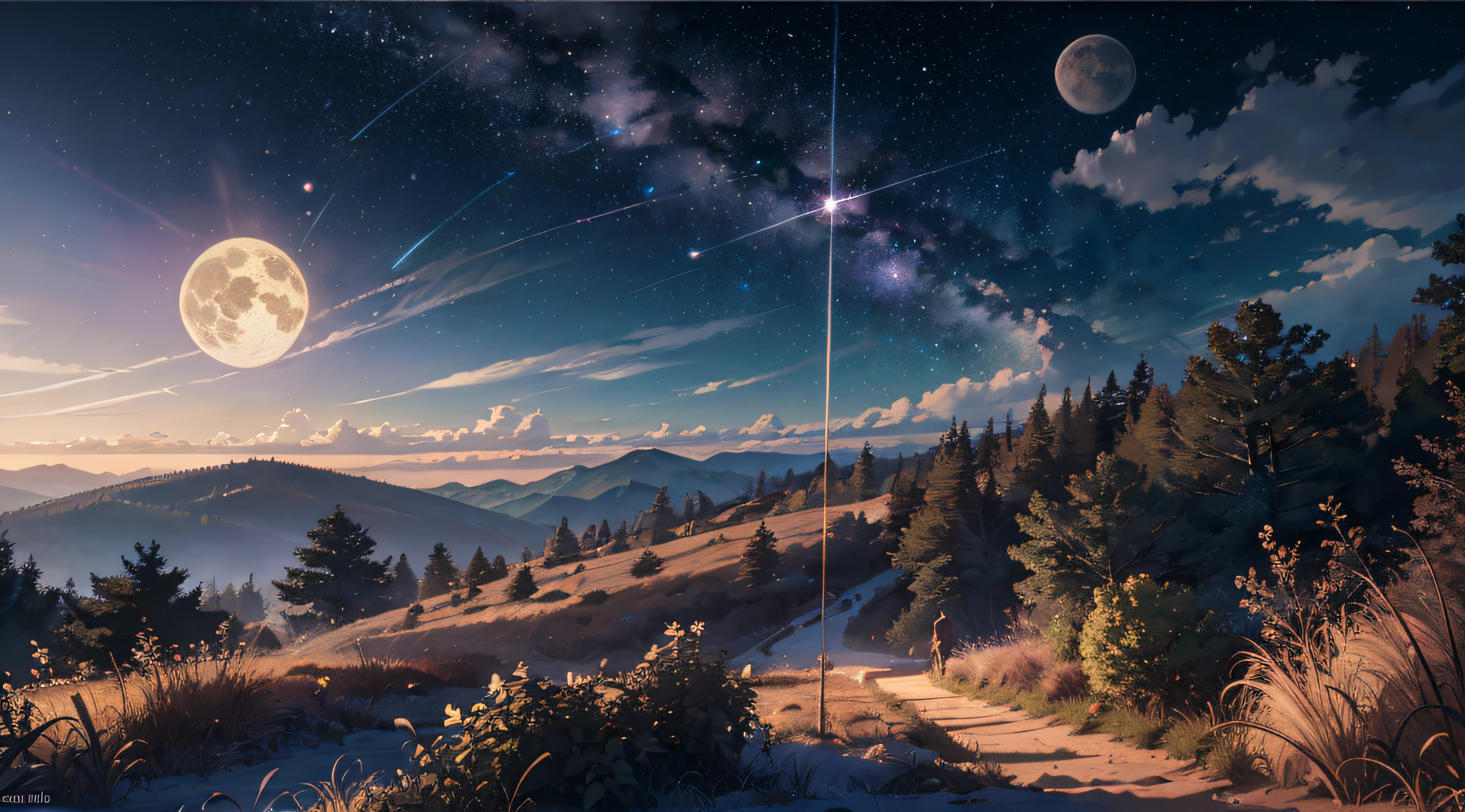 Expansive landscape photograph,(moon full:1.2),(meteors:0.9),(Starcloud:1.3),(Warm light source:1.2),(glowworm:1.2),lamp lights,Lots of purple and orange,Complicated details,Volumetriclighting,Realism BREAK(tmasterpiece:1.2),(best qualtiy),8K,Ultra-detailed,(dynamic compositions:1.4),The is very detailed,Colorful details,(Irridescent color:1.2),(luminouslighting,Atmospheric lighting),dream magical,magical,(独奏:1.2),((best qualtiy)), ((tmasterpiece)), (the detail:1.4),depth of fields,maximum definition and sharpness,perfectly proportions,Fluttering clouds,Wallpapers