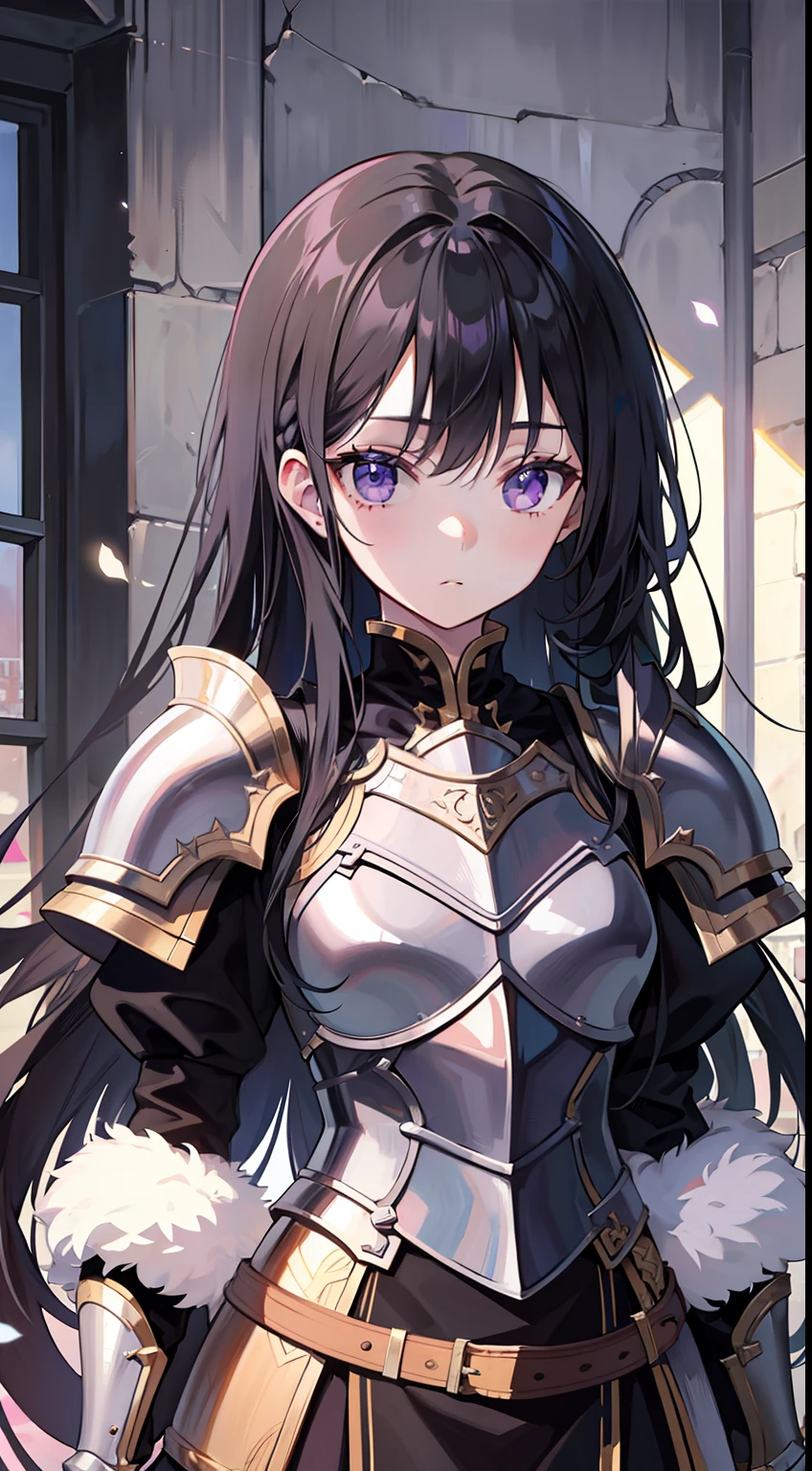 young girl, Long black hair, violet eyes, Men's armor, Masterpiece, hiquality