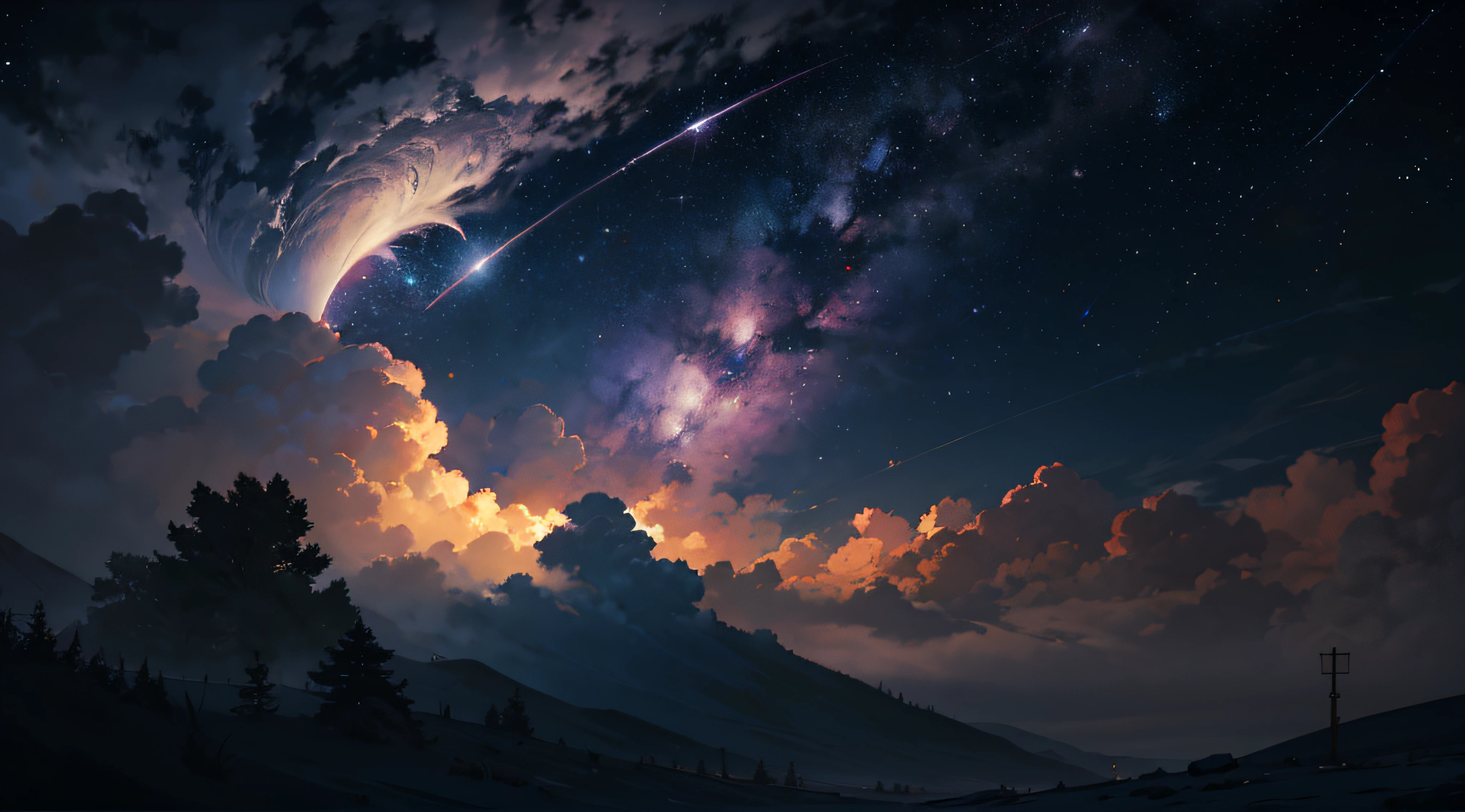 Expansive landscape photograph,(moon full:1.2),(meteors:0.9),(Starcloud:1.3),(Warm light source:1.2),(glowworm:1.2),lamp lights,Lots of purple and orange,Complicated details,Volumetriclighting,Realism BREAK(tmasterpiece:1.2),(best qualtiy),8K,Ultra-detailed,(dynamic compositions:1.4),The is very detailed,Colorful details,(Irridescent color:1.2),(luminouslighting,Atmospheric lighting),dream magical,magical,(独奏:1.2),((best qualtiy)), ((tmasterpiece)), (the detail:1.4),depth of fields,maximum definition and sharpness,perfectly proportions,Fluttering clouds,Wallpapers