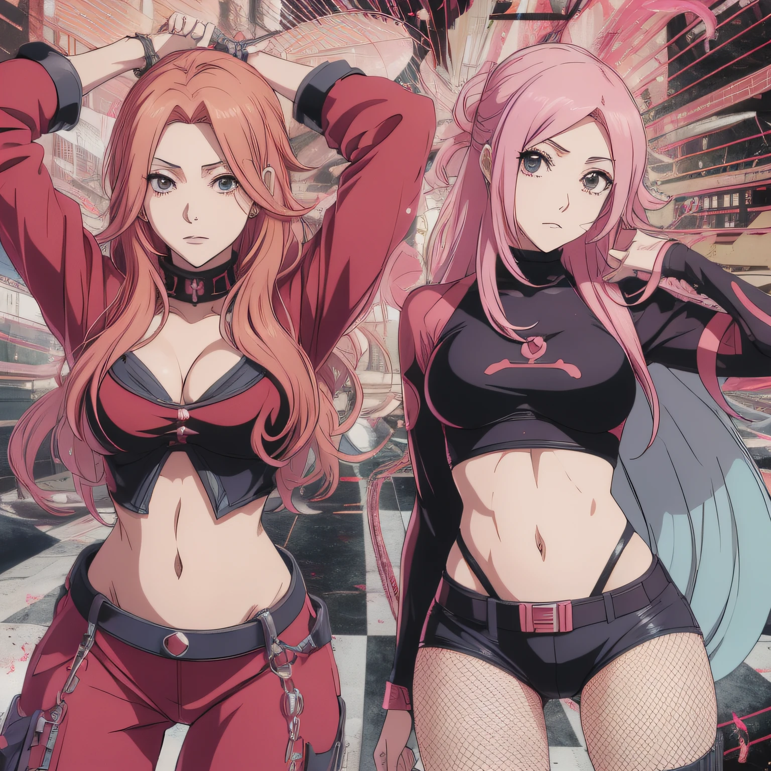 uma mulher adulta, precisa ser Alta e Musculosa, have the athletic and defined body, wearing a red pants and black top, possuir seios grandes, Parecendo Annie Leonhart, Aninha Leonhart, Marisa Kirisame, protagonista feminina 👀 :8, com o dedo indicador, Rei Hiroe, Junko Enoshima, sakura haruno, Android 18, personagem de anime feminino, Yayoi Kasuma, em pleno metal alquimista Melhor Design de Personagens de Anime, estilo anime, personagem de anime, cinematic lighthing, Epic composition, extremamente detalhado.