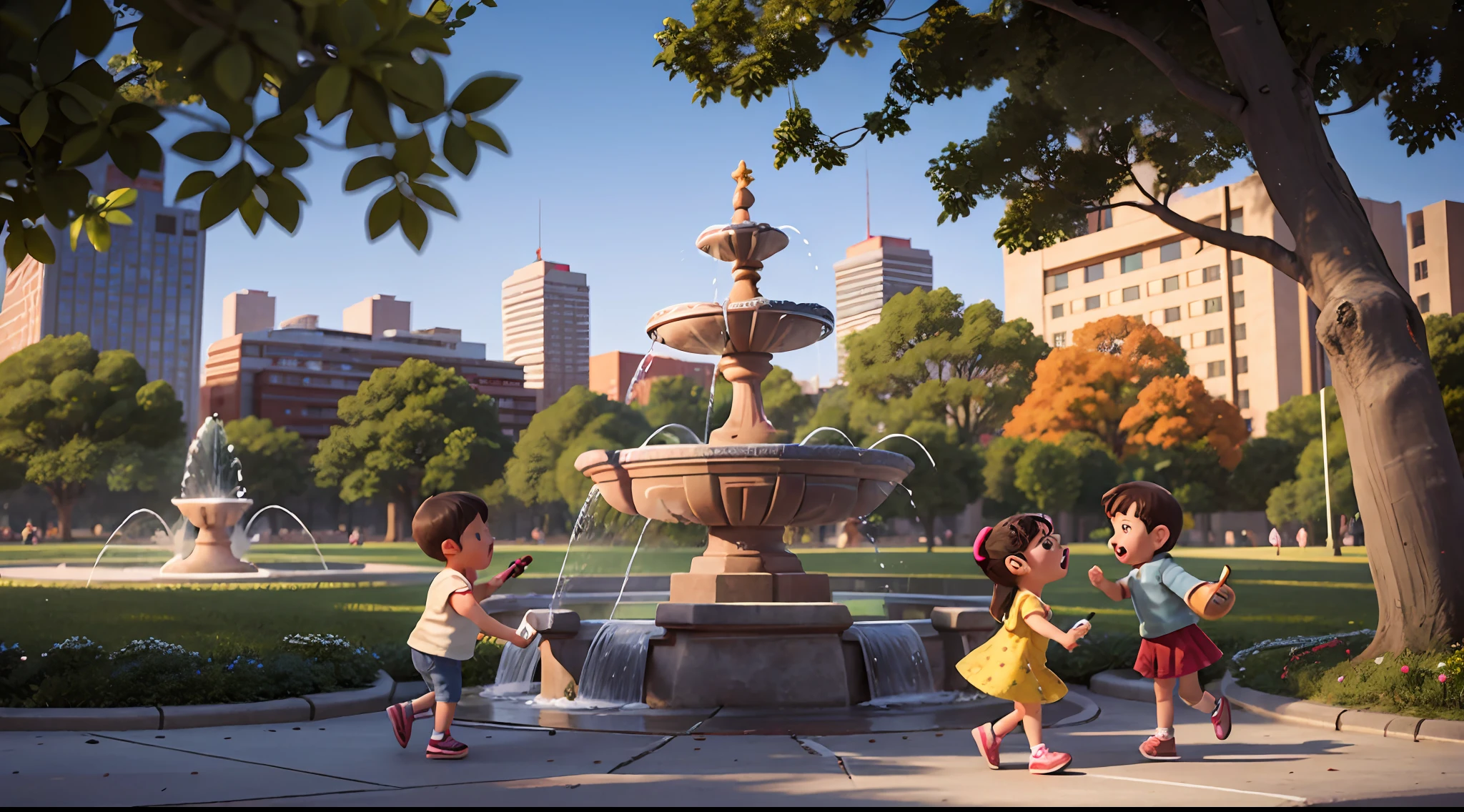 detailed game art illustration，in the afternoon，Sunlight falls on the ground through the gaps between the trees。There is a musical fountain park around the corner，There is a young girl in casual clothes in the park，Girl playing guitar，There was a dog listening to the girl sing bullets，[The fountain glows in the sun]，[Some pedestrians stopped，Hip hop dancing little boy，Some pedestrians stopped，There are middle-aged people laughing and laughing with friends]，[[A family of three taking photos in the distance]]，[[High-rise residential]]]，cartoonish style, People view，Atmosphere map，The fountain is in the visual center of the picture，natural soft light，（The fountain）