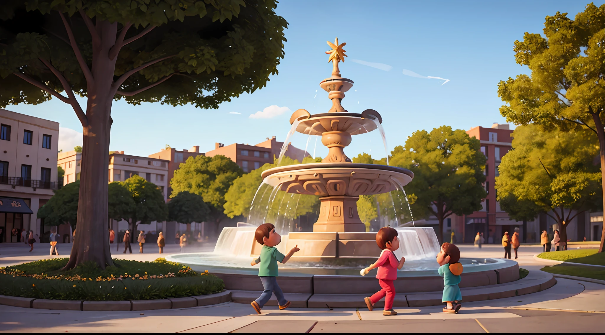 detailed game art illustration，in the afternoon，Sunlight falls on the ground through the gaps between the trees。There is a musical fountain park around the corner，There is a young girl in casual clothes in the park，Girl playing guitar，There was a dog listening to the girl sing bullets，[The fountain glows in the sun]，[Some pedestrians stopped，Hip hop dancing little boy，Some pedestrians stopped，There are middle-aged people laughing and laughing with friends]，[[A family of three taking photos in the distance]]，[[High-rise residential]]]，cartoonish style, People view，Atmosphere map，The fountain is in the visual center of the picture，natural soft light，（The fountain）