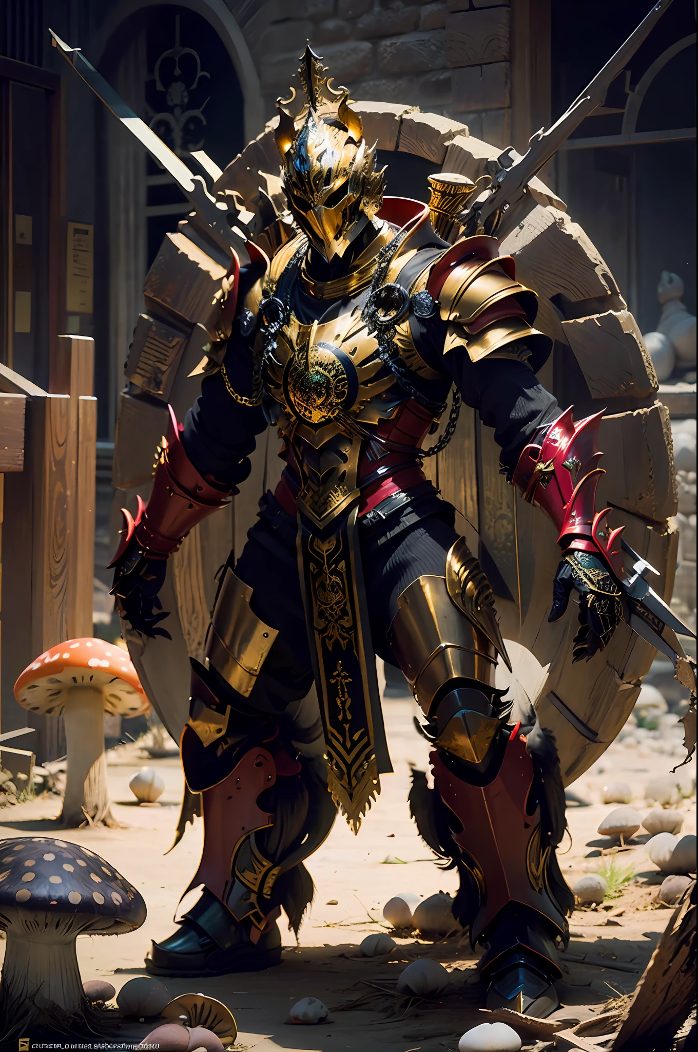 High resolution, golden black red armor, psychedelic details, chaos details, high tech design, show full body portrait , chrome, mushroom, skeleton, bodhisattva, realistic, photorealistic, masterpiece,magic