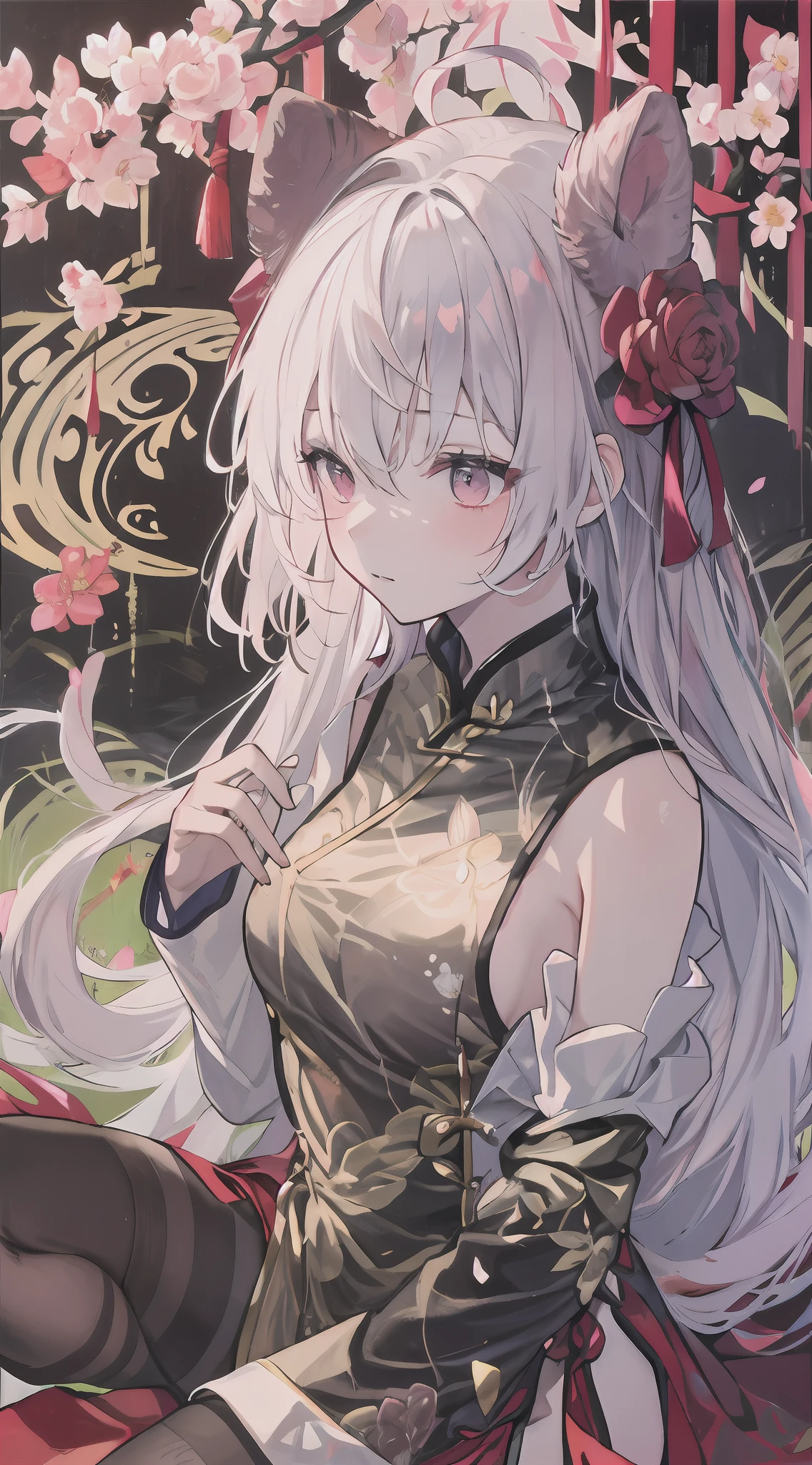 top-quality, Ink painting style, Fresh and elegant, Clear lake, orthofacial,Cute and shy,The cherry blossoms set as the sun sets,White color hair, Black cheongsam gold pattern girl, Ride the flower wind to blow your head, A forest dotted with green leaves, Birds sing happily, A poetic scene