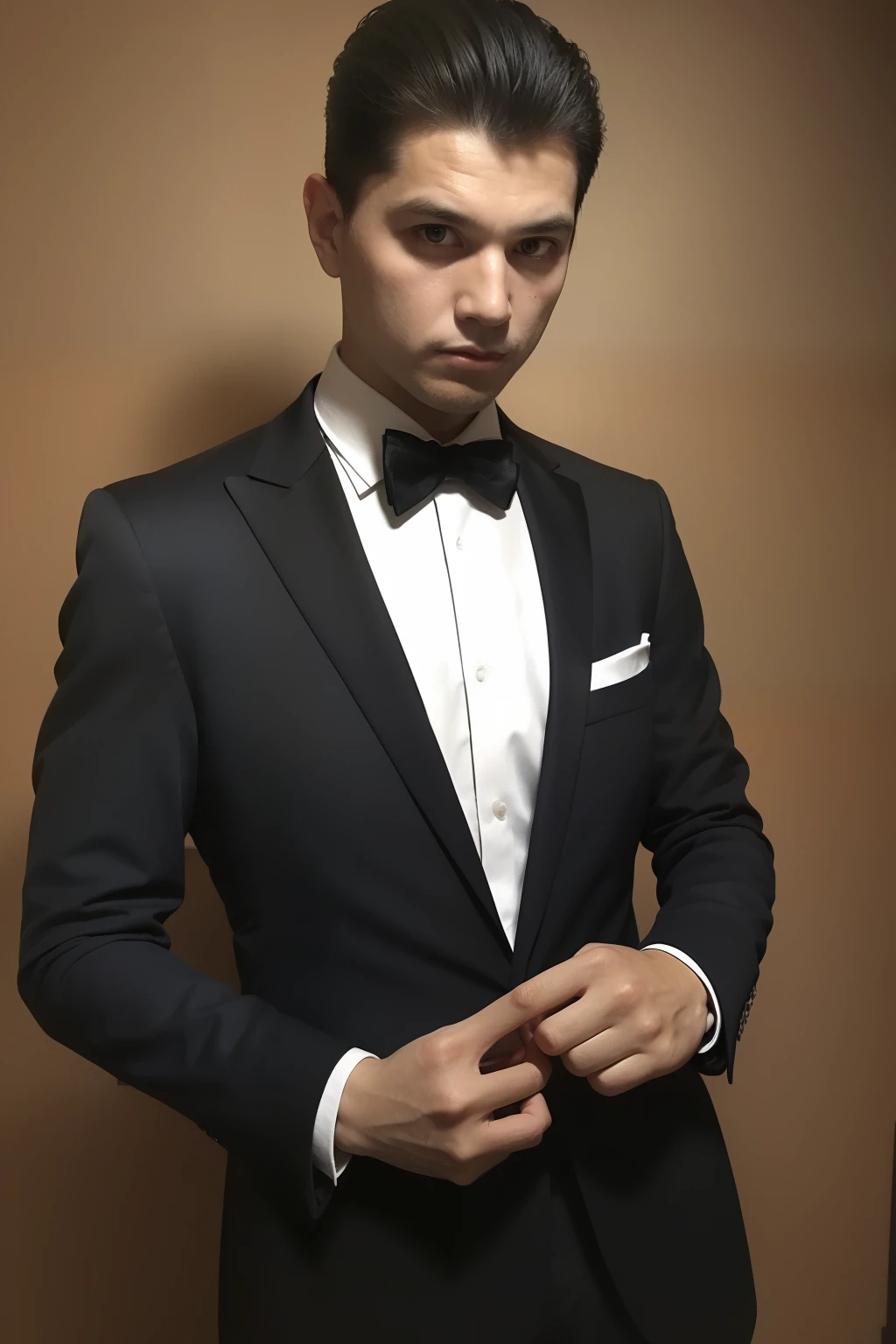 Black blazer， 18k, {{Masterpiece}}, Best quality, High quality:1.4), simplebackground，Brown background，，{{[[front look}}, Photo pose)]], very pretty look face, And very nice red eyes, 1man, solo, portrait of khabibnurmagomedov wear suit and tie, beard, serious, details, realistic, photography, blurry background, softfocus