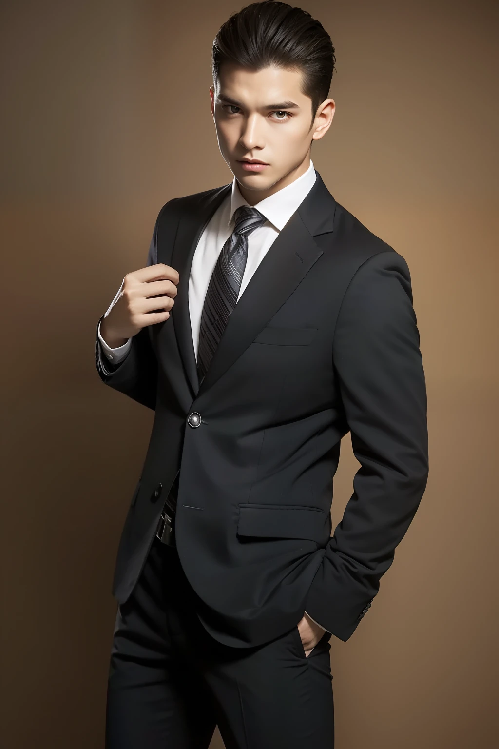 Black blazer， 18k, {{Masterpiece}}, Best quality, High quality:1.4), simplebackground，Brown background，，{{[[front look}}, Photo pose)]], very pretty look face, And very nice red eyes, 1man, solo, portrait of khabibnurmagomedov wear suit and tie, beard, serious, details, realistic, photography, blurry background, softfocus