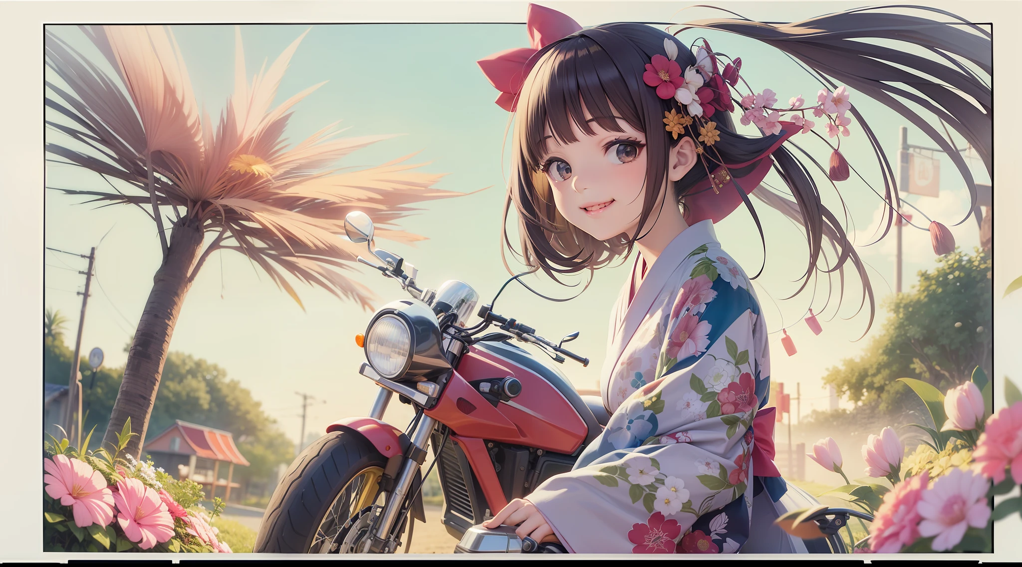 Kaguya in a kimono, A smile, kawaii, accessorized, Girl riding motorcycle on summer pass road