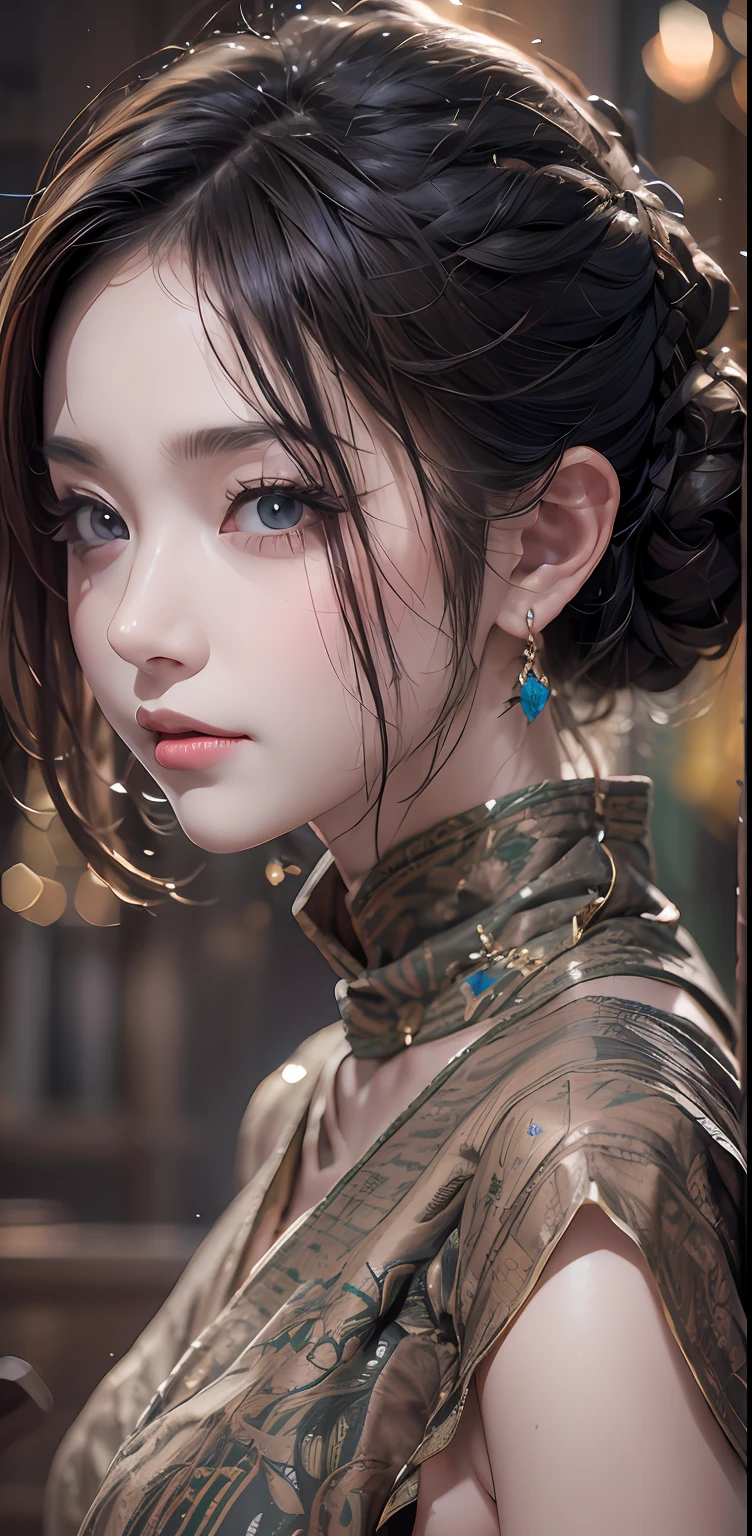 tmasterpiece， 1 beutiful girl， A detailed，Matte fabric， Swollen eyes， top Quority， 超A high resolution， （Realistis： 1.4）， RAW photogr， 1girll， cinmatic lighting， Super beautiful， Small young face， Beautiful skins， Slim， （Ultra photo realsisim）， （A high resolution）， （8K）， （The is very detailed）， （eyes in beautiful detail）， （ultra-detailliert）， （the wallpaper）， （A detailed的脸）， finely detailled， A detailed face，Neat clothes，Dark eyes，The clothes are sleeveless，body facing the front，