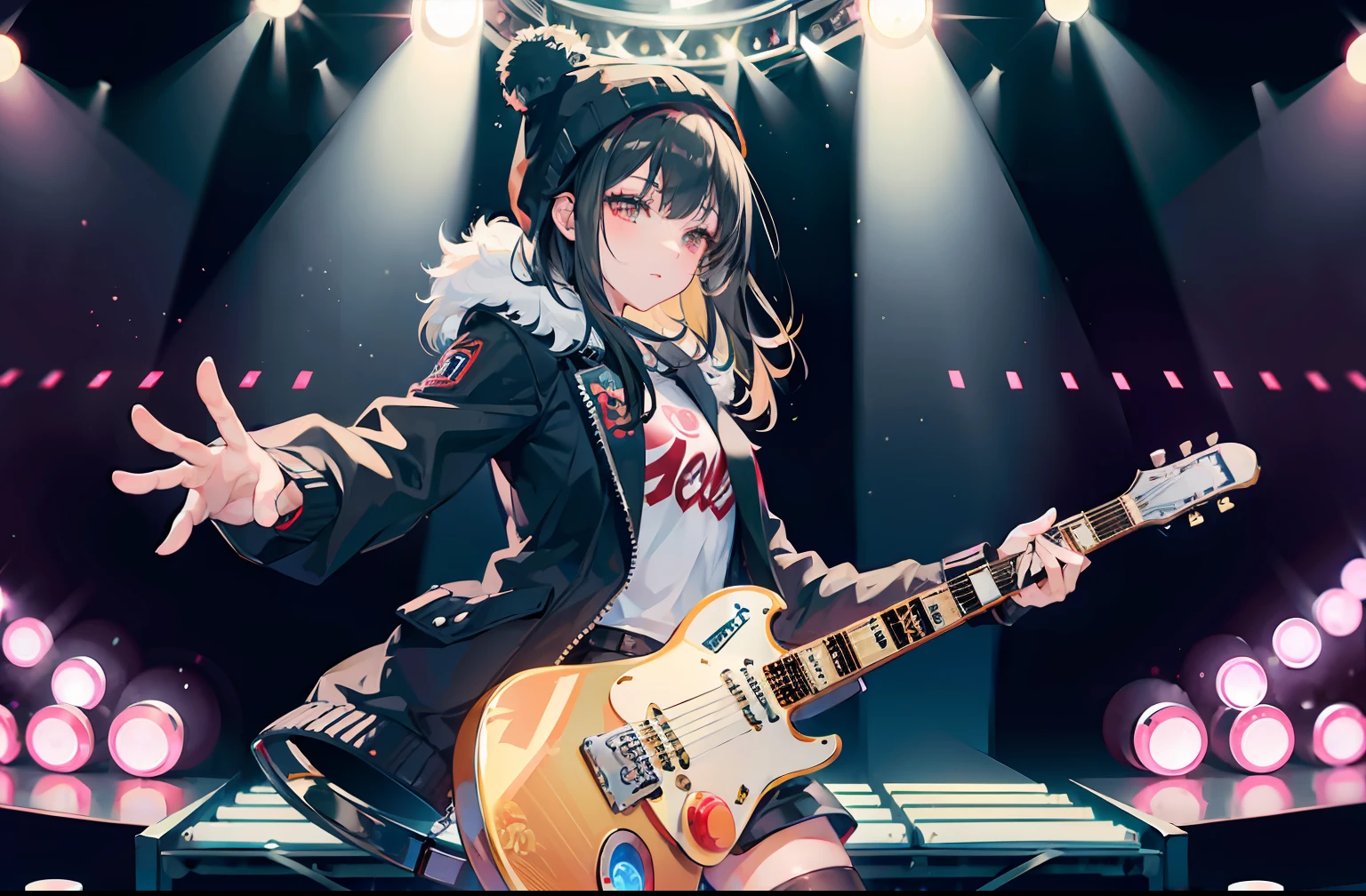 (masterpiece, best quality, hi-res:1.2), 1girl, solo,t,(electric guitar:1.6),rocker-chic, fur \(clothing\), black legwear, hat bobbles, stage, stage lights, audience, black hair, underwear, band,