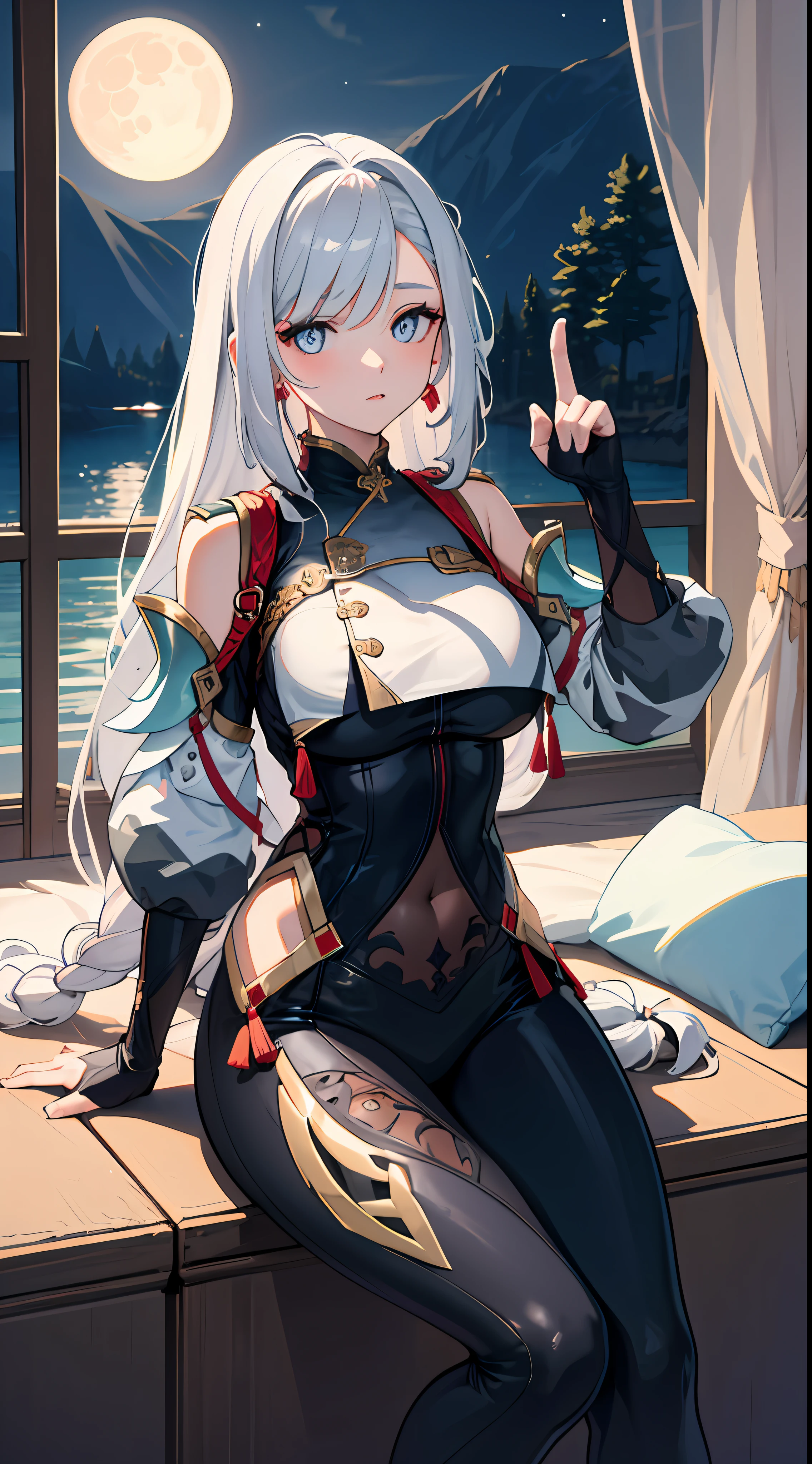highres, highest quallity, illustration, cinematic light, ultra detailed, detailed face, (detailed eyes), best quality, hyper detailed, masterpiece, (detailed face),1girl, white hair, ((long hair)),highest details, luminous eyes, large breats, sitting in bed, sitting, bed, window, night sky, lake outside, moon, full moon, backlighting, light rays, (high contrast), (colorful),