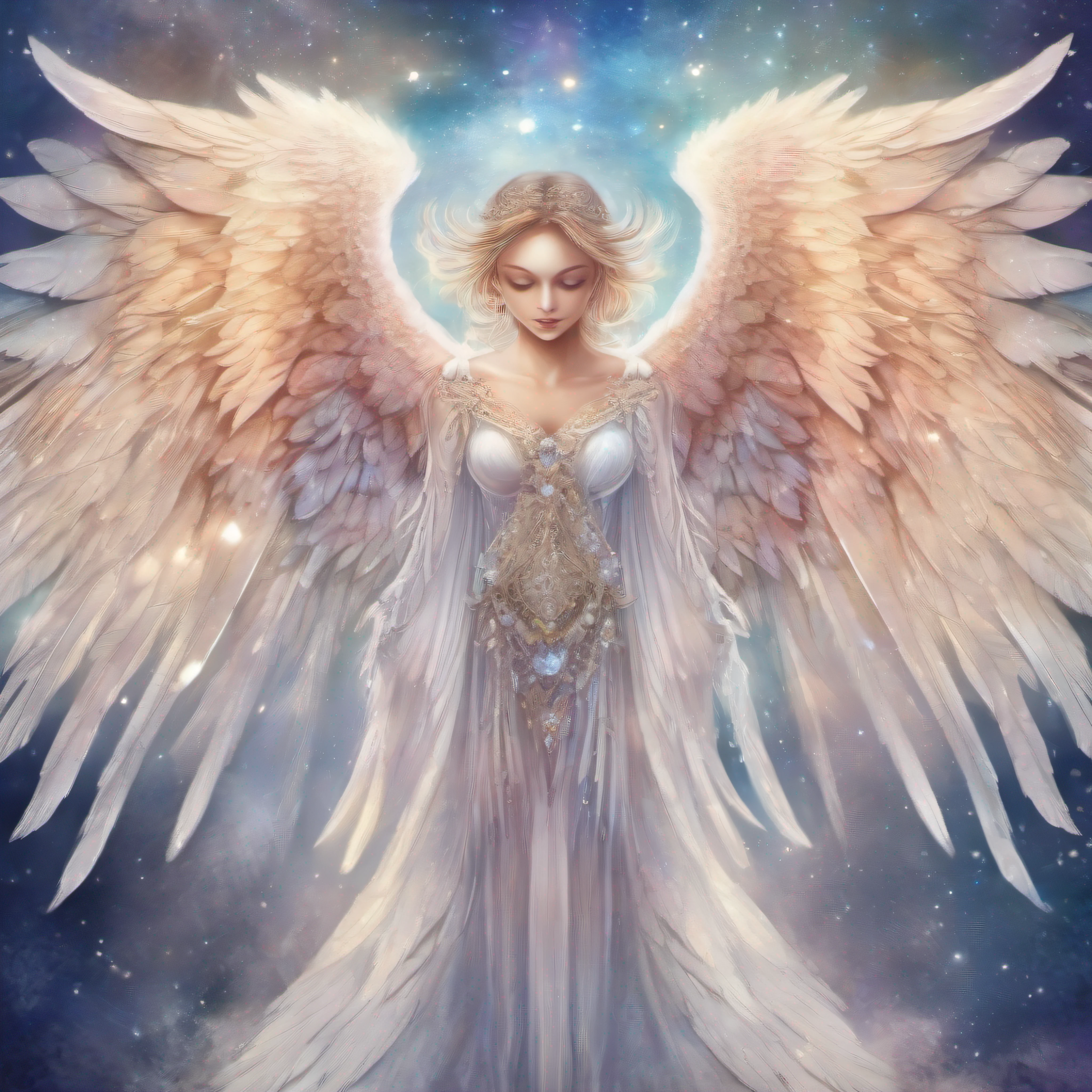Watercolor beautiful angel, crystals, milky way, angel heart, spread big wings, fantasy art, symmetry wings, fantasy illustration, with beautiful face, perfect eyes, lights, fantasy art