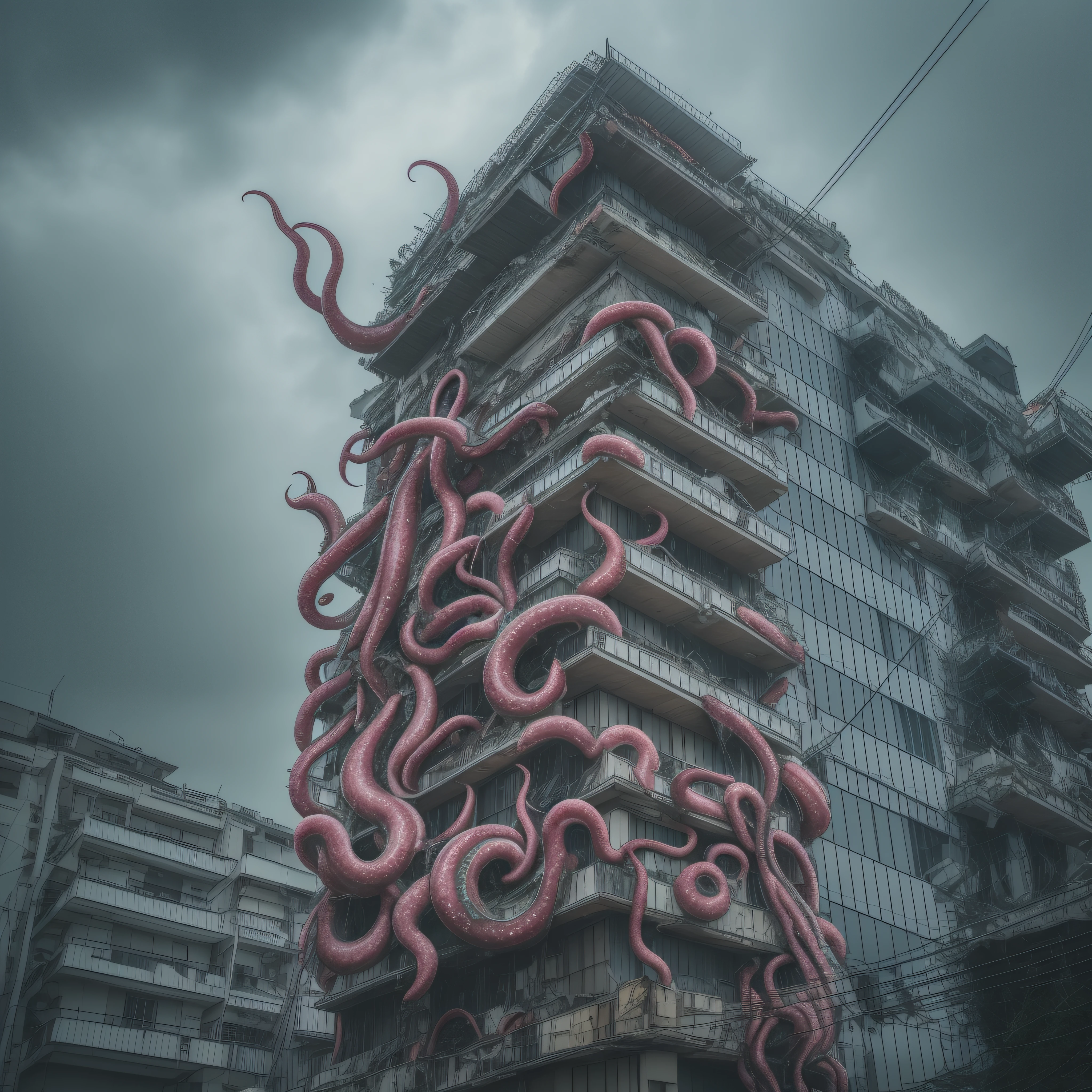 A giant monster with many tentacles。The town is destroyed。downpours。细致背景, taken with sony alpha 9, view from ground level, captured with sony a3 camera, photo taken from the ground, captured on canon eos r 6, View Up, picture taken from the ground, view from ground level, Skysky, shot from a low-angle, View from the ground, in Tokyo under
