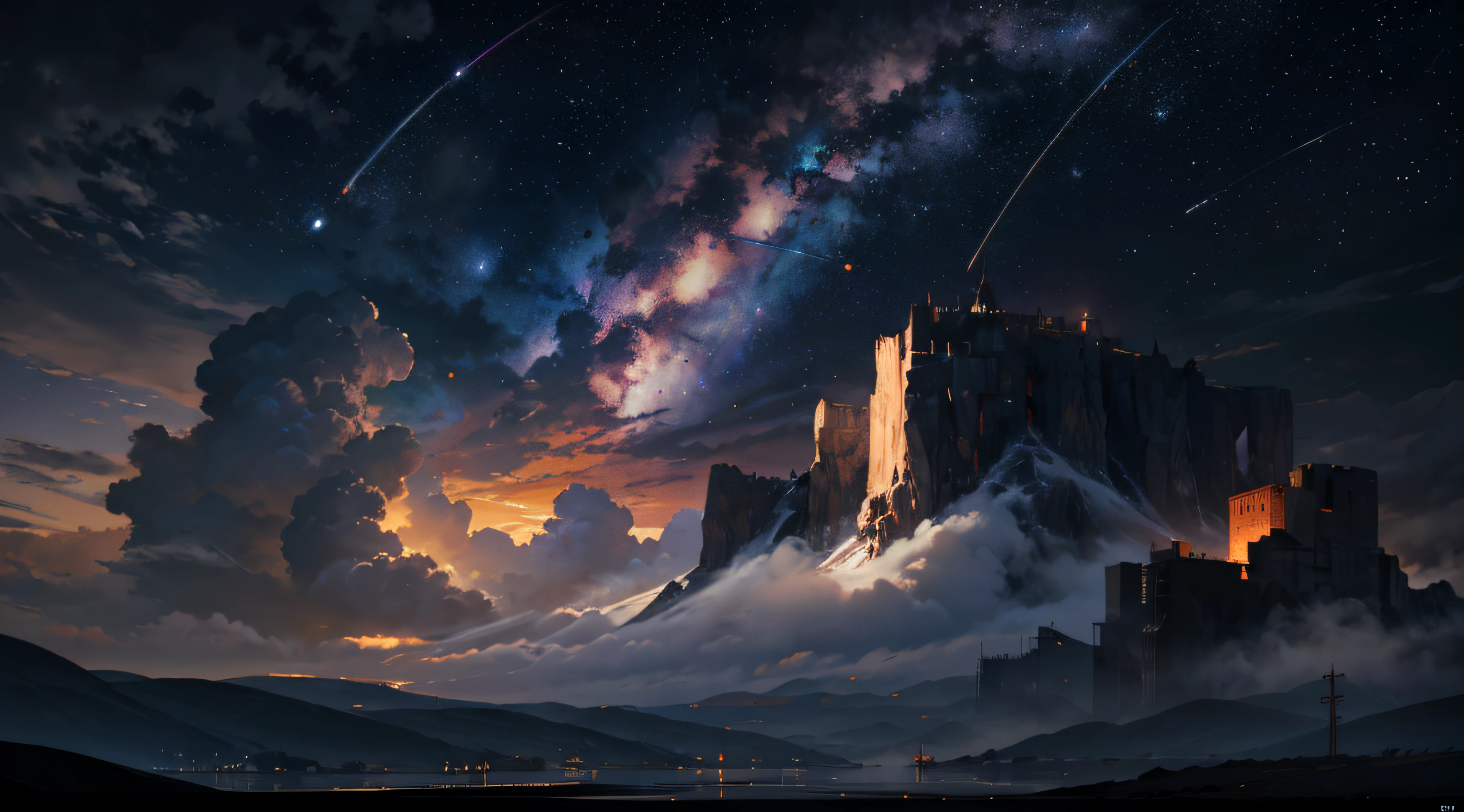 Expansive landscape photograph,(moon full:1.2),(meteors:0.9),(Starcloud:1.3),(Warm light source:1.2),(glowworm:1.2),lamp lights,Lots of purple and orange,Complicated details,Volumetriclighting,Realism BREAK(tmasterpiece:1.2),(best qualtiy),8K,Ultra-detailed,(dynamic compositions:1.4),The is very detailed,Colorful details,(Irridescent color:1.2),(luminouslighting,Atmospheric lighting),dream magical,magical,(独奏:1.2),((best qualtiy)), ((tmasterpiece)), (the detail:1.4),depth of fields,maximum definition and sharpness,perfectly proportions,Fluttering clouds,Wallpapers