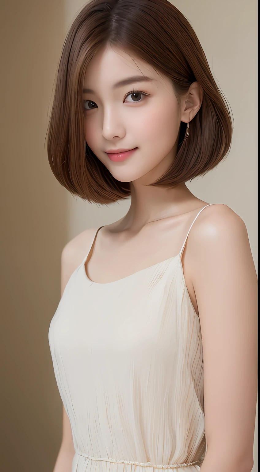 ((Best Quality, 8K, Masterpiece: 1.3)), 1 Girl, Slim Abs Beauty: 1.3, (Hairstyle Brown Hair Shortcut, Big: 1.2), Dress: 1.1, Super Slender Face, Delicate Eyes, Double Eyelids, Smile, Home, Raw Photo