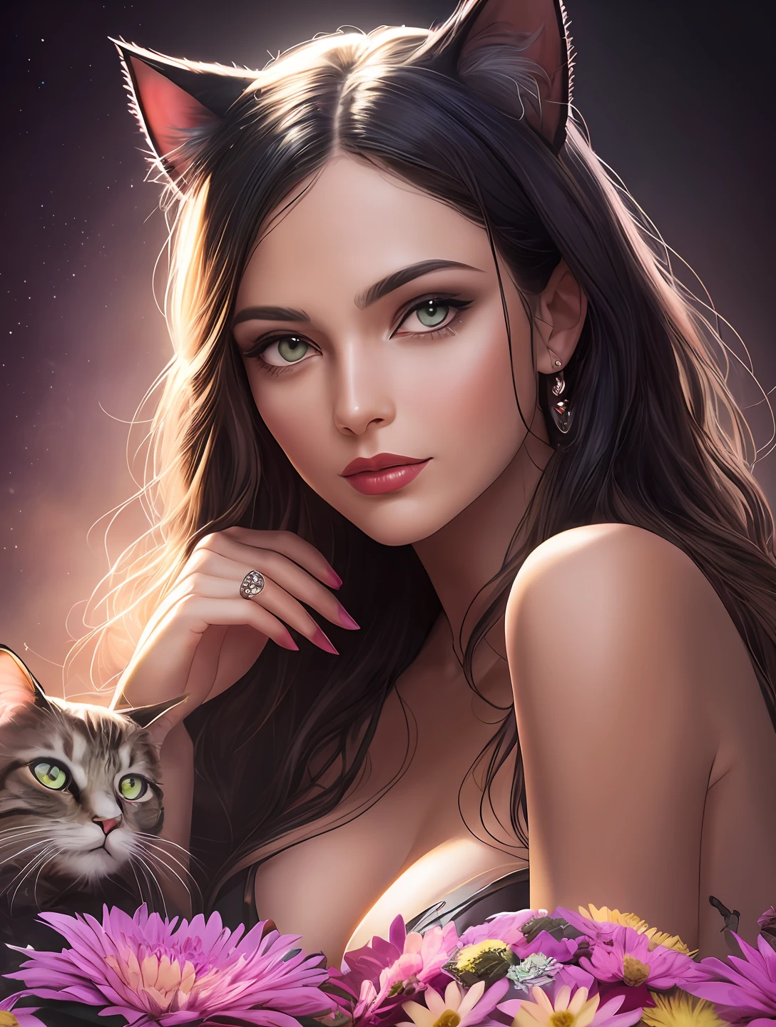 An enchanting image of a bewitching catwoman with crystal-clear, iridescent skin that perfectly captures her dramatic beauty. Her eyes, feline lips, and fur are adorned with delicate chrysanthemums and luminescent gemstones. A soft, diffused light filters through the cat's iridescent skin, casting intricate patterns across the image. Soft bokeh highlights the iridescent surfaces, emphasizing the vivid colors. wide aperture, soft lighting, telephoto lens