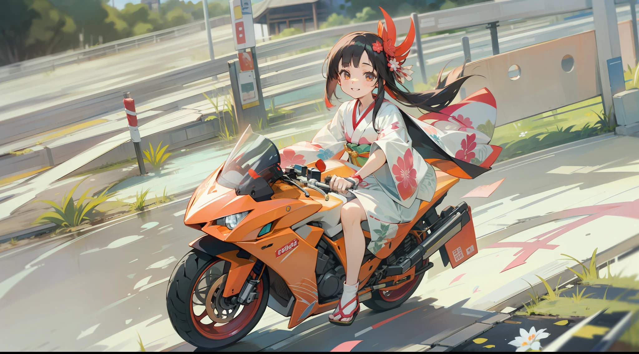 Kaguya in a kimono, A smile, kawaii, accessorized, Girl riding motorcycle on summer pass road