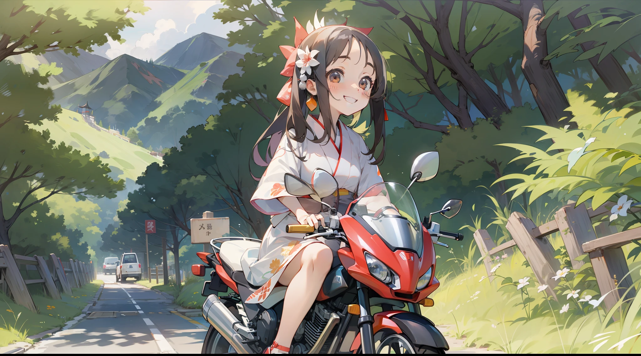 Kaguya in a kimono, A smile, kawaii, accessorized, Girl riding motorcycle on summer pass road