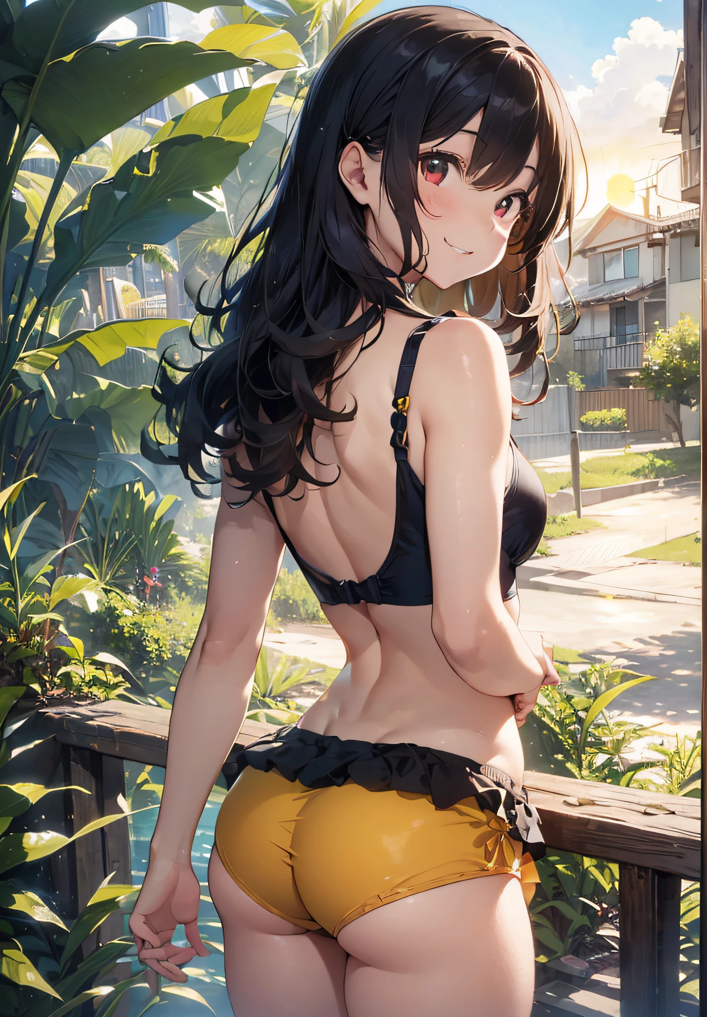（（（​masterpiece））、（（（top-quality））、（（extremely delicate and beautiful））、（Highly detailed CG Unity 8K wallpapers：1.3）、very delicate light、（Back lighting）、（steampunc）、

/=、
(((cowboy body))、(1loli:1.3)、独奏、(小柄)、(small tits)、(Yellow swimsuit)、High Waist Shorts、Vermilion hair、red eyes、耳环、(Wavy Curly Shorthair)、(Ahoge)、(Cute face:1.114)、(finely eye:1.15)、(cute  face:1.114)
、（Beautiful fine eyes and beautiful face：1.15）、
Girl with a smile、Look happy in a beautiful tropical landscape。Behind her the sun went down、Bring a warm glow to the scene、It creates a dreamy atmosphere。In the distance、Palm trees swaying in the breeze、sand beach、suns、the beach、mare、Horizon, etc.、It creates a laid-back retro atmosphere。wakame、wakame、wakame、wakame、wakame、wakame、wakame、