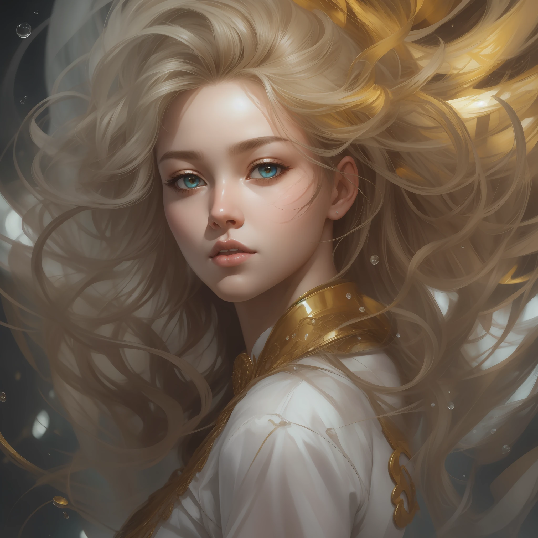 Waist high potrait, Anime girl, miniskirt, looking back, art by Mandy Disher, digital art 8k, art by cameron gray, angelic face, beautiful appearance, detailed hair loose, pale skin, twilight, extreme quality, extremely detailed, ultra-detailed face, ultra hd 8k, ultra focus, face detailing, head should be in place, stand up, heterochromia, perfect anatomy, focused, approaching perfection, dynamic, highly detailed, character description, artstation, smooth, illustration, works by Kim Jung-gi, Artgerm, Karn Griffiths and Vadim Kashin, Sasha Yakovleva, Loisha, Jeremy mann, full body shot, character description, lightning wave, paint drops by Tim Okamura, Viktor Nizovtsev, Greg Rutkowski, illustration of the golden section