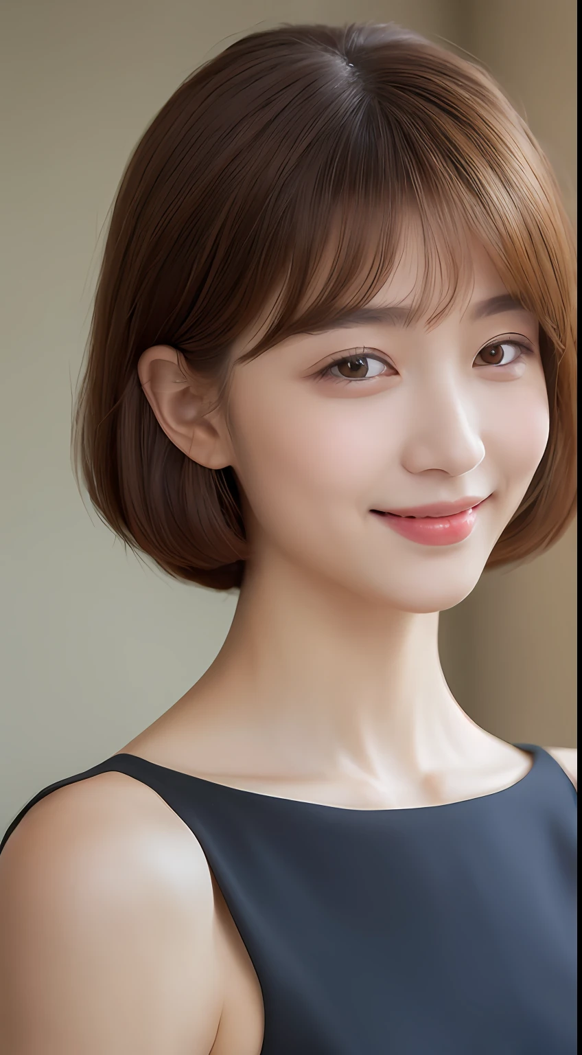 ((Best Quality, 8K, Masterpiece: 1.3)), 1 Girl, Slim Abs Beauty: 1.3, (Hairstyle Brown Hair Shortcut, Big: 1.2), Dress: 1.1, Super Slender Face, Delicate Eyes, Double Eyelids, Smile, Home, Raw Photo