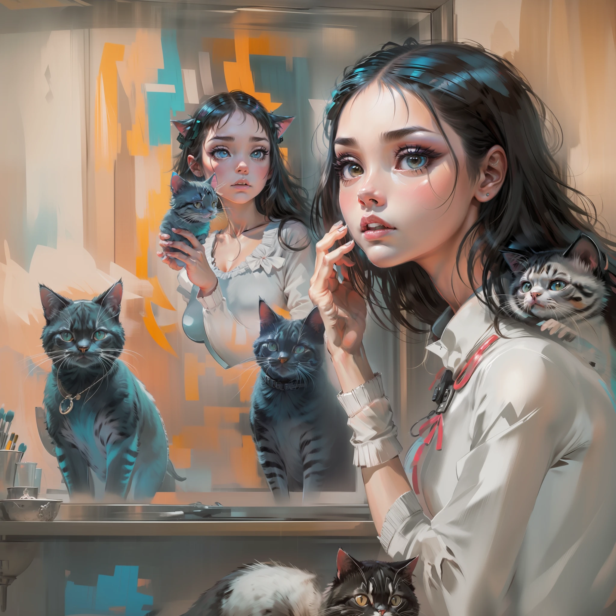 An expressionless girl wearing makeup in front of a mirror, There was a cat watching her, In Andy Kiho's whimsical and dreamlike painting style, Vibrant colors, Surreal elements, digital painting with soft brushstrokes