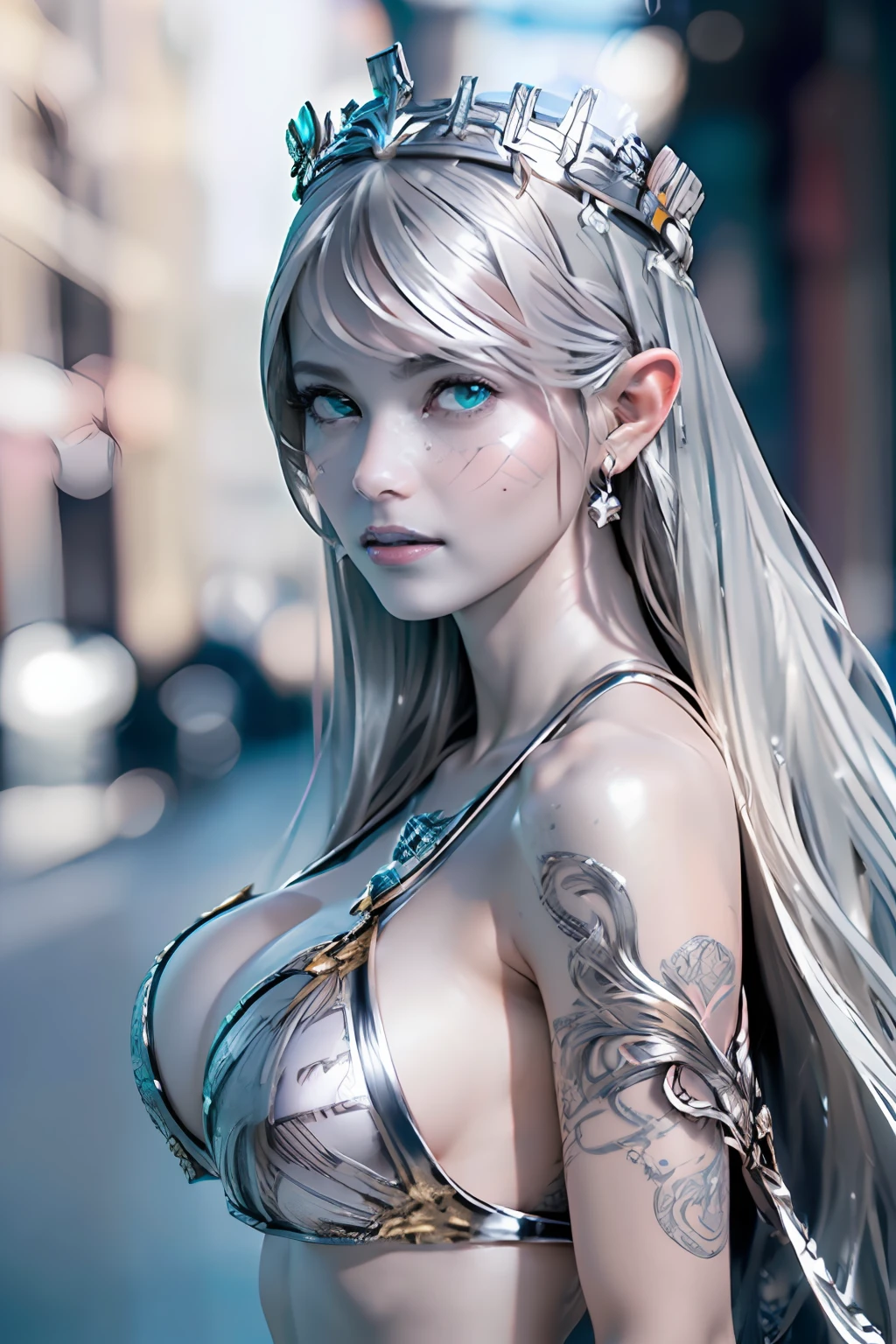 Ultra-detailed complex 3D rendering of the face, (masterpiece, top quality, octane rendering,), glamour shots full body image, very beautiful young elves, cleavage, (highly detailed skin: 1.2), (exposure: 1.1), ((blue micro bikini: 1.95)))). , 8k, (((very soft breasts)), (((conspicuous large pink areola)), beautiful Caucasian woman with white skin with full soft breasts with big buttocks, one, long braided hair, big breasts, dynamic angles, (((huge breasts: 2.4)), ultra-realistic photos, ((((((silver hair)))), futuristic urban background, facial muscles, (((((detailed and glamorous silver crown)))), In the style of Marvel Comics, ArtStation Trends, Clear Focus, Intricate Details, Very Detailed, Detailed Green Eyes, Sharp Focus, Digital Rendering, Professional, Abs, Lip Gloss, Glossy Skin, Sexy Pose, Golden Tattoo All Over Body, Silver Pattern All Over Body, Silver Lame Skin, Gold Glitter Skin, Mansuji, Buttocks, Jeweled All Over the Body, with silver scales, silver hair,