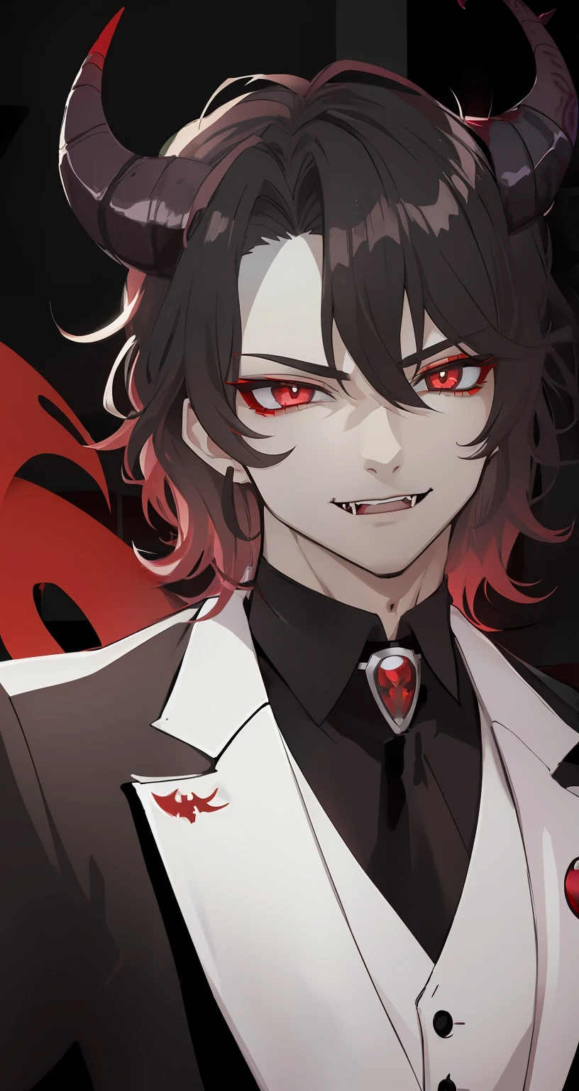 Male, Young, Smirk, Crimson Eyes, Snake Pupils, Snake Eyes, Light Grey Skin, Vampire Fangs