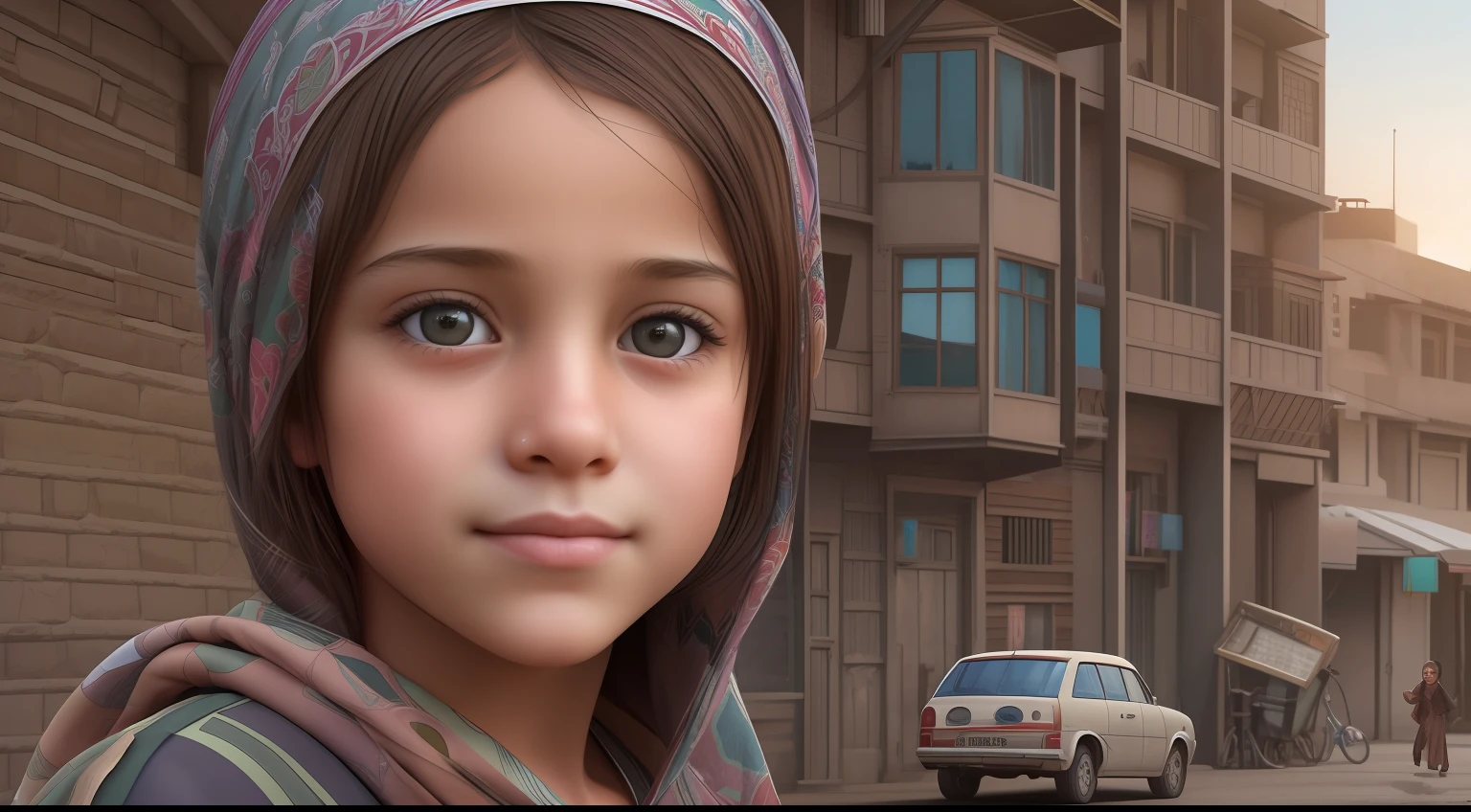 "Generate a hyper-realistic image of a 10-year-old girl with authentic Afghanistan features, set against a realistic city background, showcasing the best quality and intricate details."