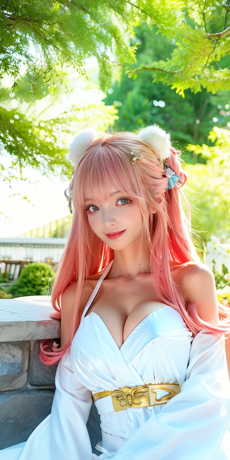 (8K, 4K, Best quality, A high resolution:1.2), (marsterpiece, Realistic, photograph realistic:1.37), 1girll, Solo, Beautiful face, eyeslashes, nase, Glossy lips, (Detailed eyes, view the viewer, Fair skin, White skin:1.5), fine complexion, Upper body,
Large breasts, Busty, , (:1.5),
Outdoor onsen,
two sides up, Absurdly long hair, Blonde hair, Pink hair, bangs, hair adornments, bow,
Younger, aged down,