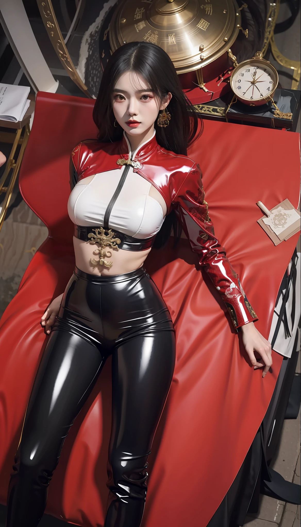 Arapefi, Wear latex, Pose on a red chair with a clock, intriguing outfit, wearing atsuko kudo latex outfit, Sexy outfits, Japanese goddess, tight costume, inspired by Wang Meng, full-body xianxia, inspired by Park Hua, Sexy outfit, inspired by Wu Bin, trending at cgstation, gorgeous chinese models, by Yang J, latex outfit