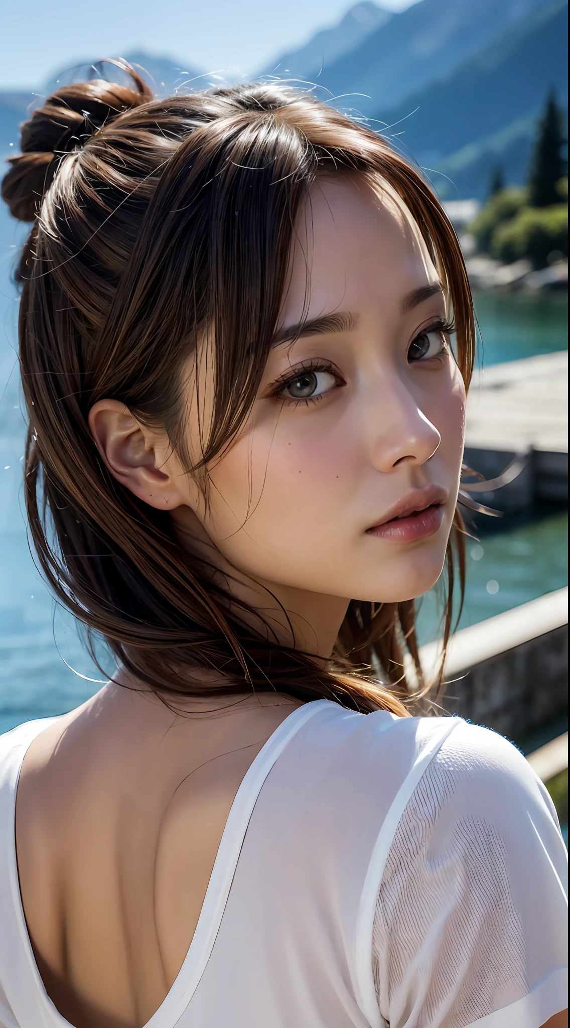 doress、(Photorealsitic:1.4)、(hyper realisitic:1.4)、(realisitic:1.3)、(Smooth lighting:1.05)、(Improved lighting quality in movies:0.9)、32K、1girl in、20 years girl、Realistic lighting、Back lighting、Facial light、raytrace、(brightened light:1.2)、(enhanced quality:1.4)、(Top quality real texture skins:1.4)、finely eye、finerly detailed face、Fine quality eye、(Tired, sleepy and satisfied:0.0)、 close up of face、tshirts、(enhance body line mood:1.1)、(Increase the beauty of skin texture:1.1)、((Aya Ueto))、Switzerland、lake、the Alps