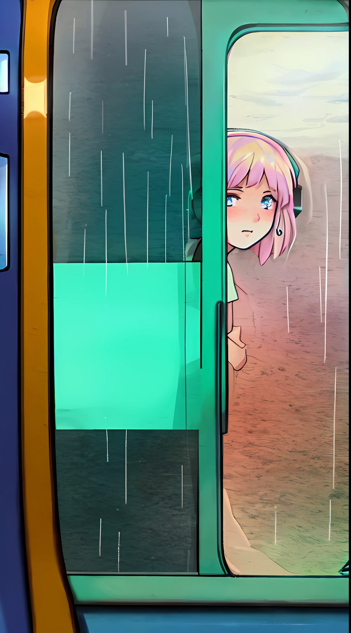 A age girl with short hair and bangs, wearing a headset with neon lights, in a train window, looking at the falling rain