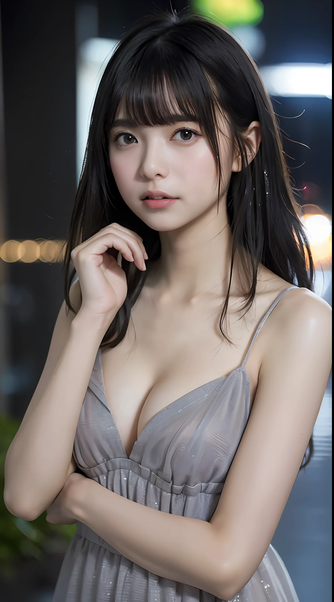 random pose, mix4, (8k, RAW photo, best quality, masterpiece: 1.45), (realistic, photorealistic: 1.37), one girl, cute, cityscape, night, rain, wet, professional lighting, photons mapping, radiosity, physically based rendering, gradient black hair, gray hair, short curly hair, handsome, girl, Deep V-neckline slip dress, top quality photo, high res, 1080p, (clear face), (detailed face description), (detailed hand description), (masterpiece), (exquisite CG), extreme light and shadow, disheveled hair, master work, rich details, (fine facial features), (highest quality photo), (masterpiece), (detailed eyes), look in front of you eyes, fine clavicle, ((large breasts)),