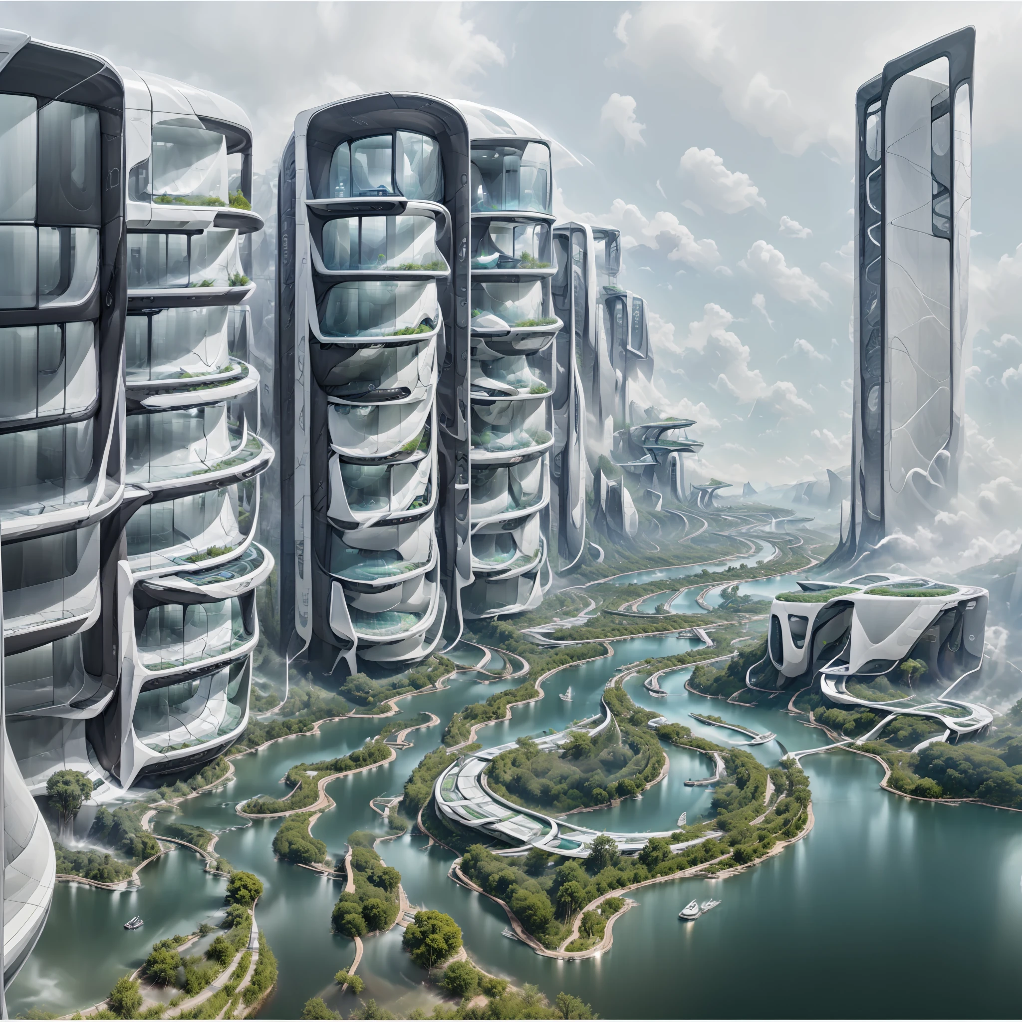 Airbrush drawing --v 5.1 style Futuristic design of an awesome sunny day environment concept art on a futuristic terrain with huge waterfalls,streams, mangroves,nature architecture, proportional,detailed,bright clouds, nature meets futuristic architecture by Santiago Calatrava and Vincent Callebaut with futuristic development, high rise made up staircases, balconies, full of composite glass facades, residential spaces carved from cliff side ,trending on artstation, beautiful lighting,In the style , fantasy, intricate, award winning, 4k, highest quality