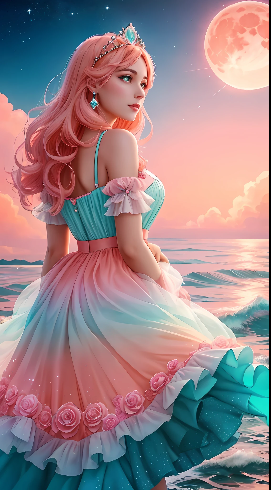 Orange moon, teal sky, soft pink clouds, teal ocean waves sparkling, sparkling, pink roses on pink ocean, fantasy, diamond, crown, universe, soft lights,