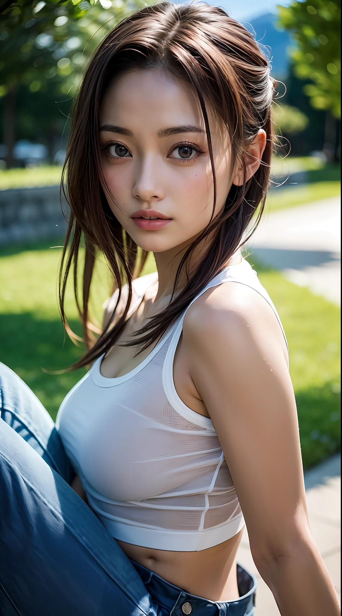 doress、(Photorealsitic:1.4)、(hyper realisitic:1.4)、(realisitic:1.3)、(Smooth lighting:1.05)、(Improved lighting quality in movies:0.9)、32K、1girl in、20 years girl、Realistic lighting、Back lighting、Facial light、raytrace、(brightened light:1.2)、(enhanced quality:1.4)、(Top quality real texture skins:1.4)、finely eye、finerly detailed face、Fine quality eye、(Tired, sleepy and satisfied:0.0)、 close up of face、tshirts、(enhance body line mood:1.1)、(Increase the beauty of skin texture:1.1)、((Aya Ueto))、Switzerland、lake、the Alps