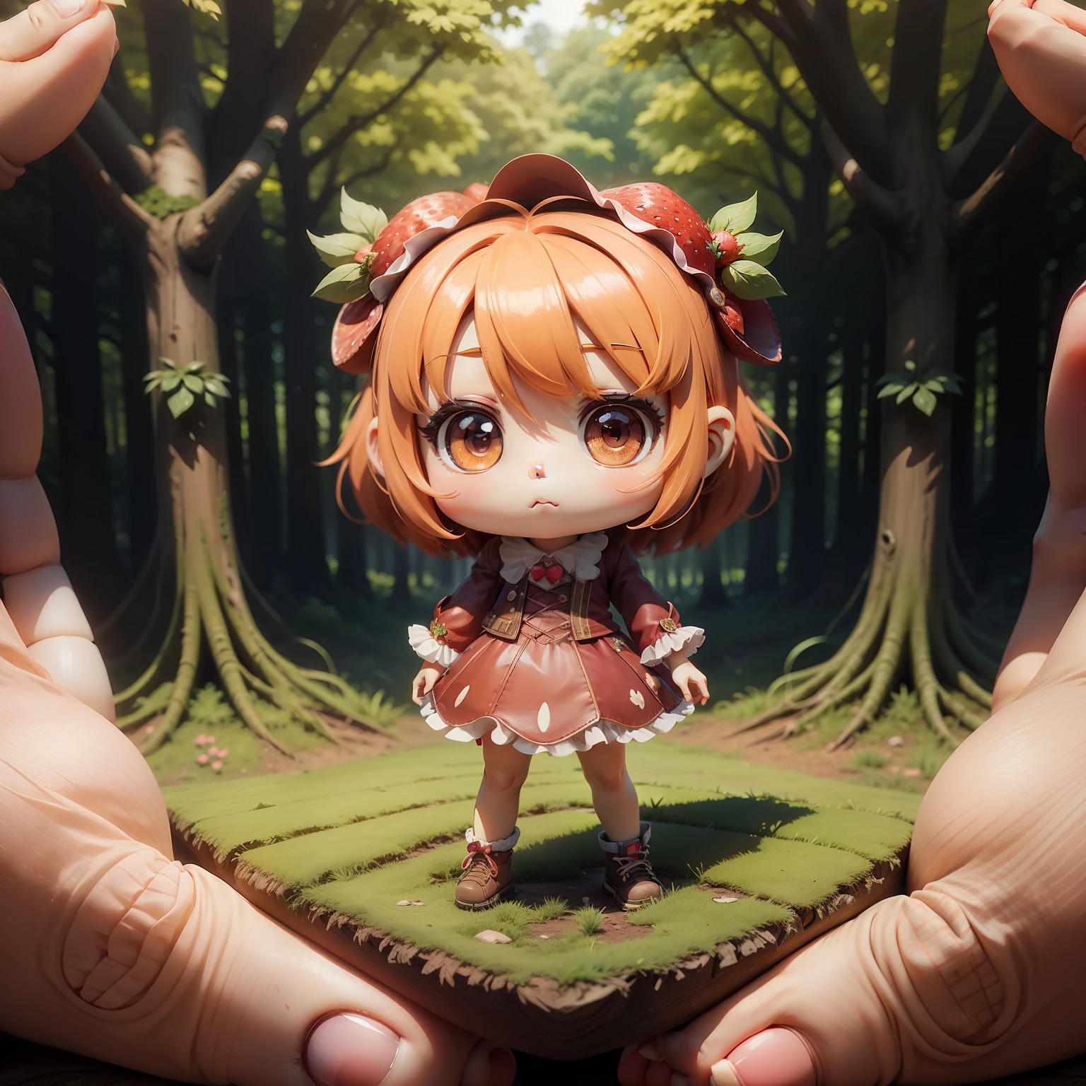 a very cute and beautiful chibi anime strawberry personalize, forest background, full body, standing, highly detailed face and eyes, clearly outlined, solo　real　chibi 3d