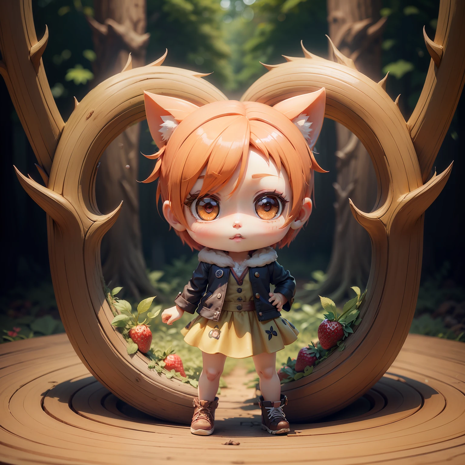 a very cute and beautiful chibi anime strawberry personalize, forest background, full body, standing, highly detailed face and eyes, clearly outlined, solo real chibi 3d