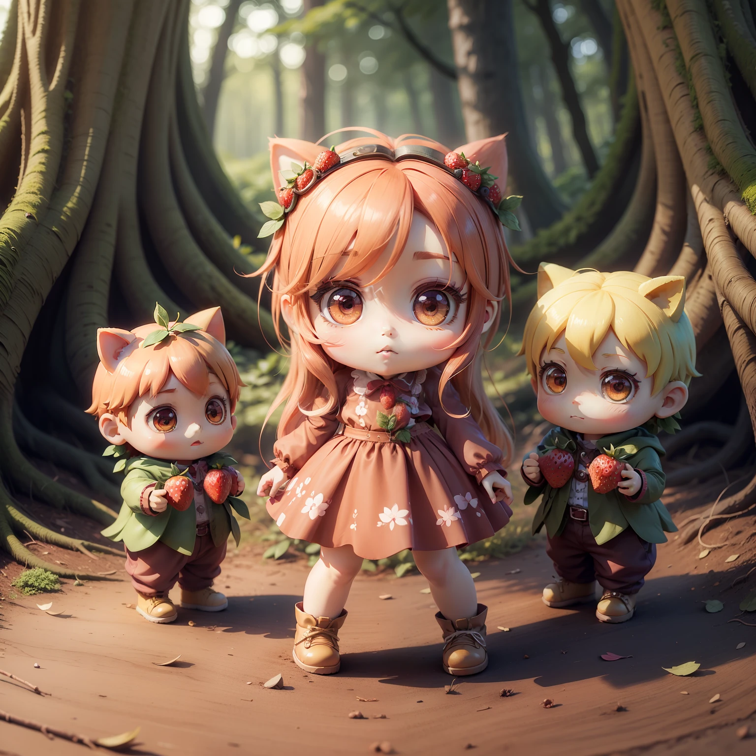 a very cute and beautiful chibi anime strawberry personalize, forest background, full body, standing, highly detailed face and eyes, clearly outlined, solo　real　chibi 3d