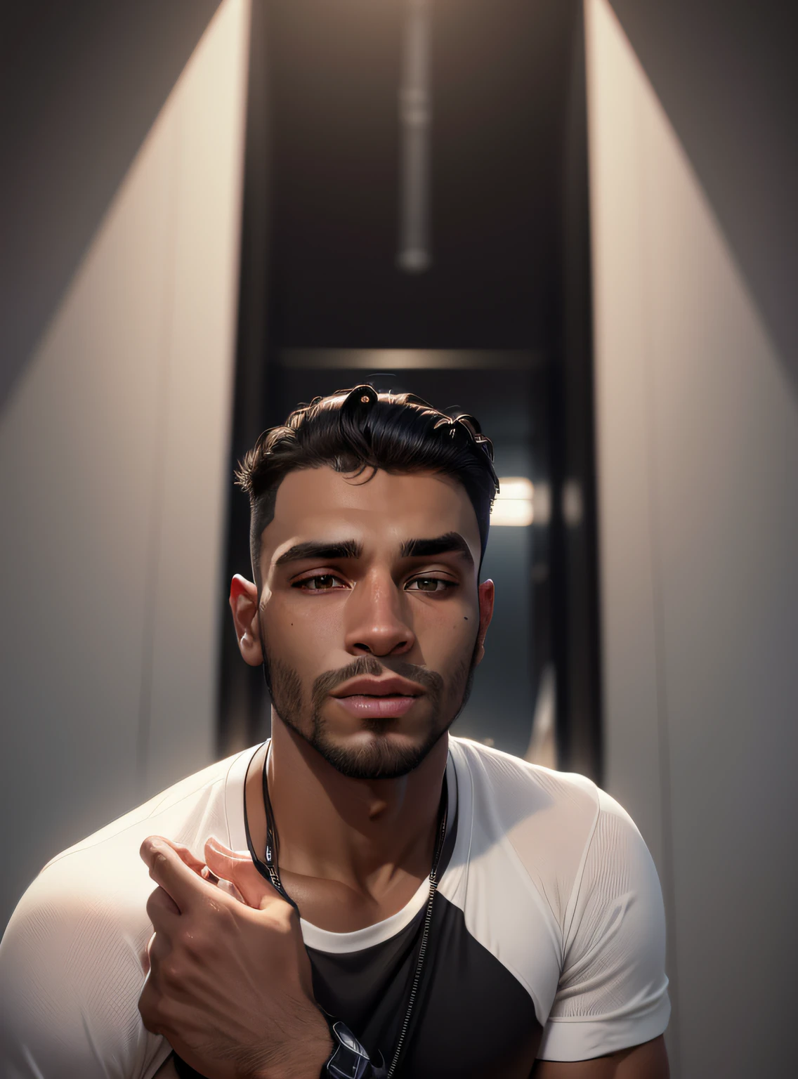 imagem realista, jogador,8k, , auricular, camisa preta, com nome Mitoos no fundo ganmer preto e branco, man dark haired, cabelo igual o da foto, sem barba