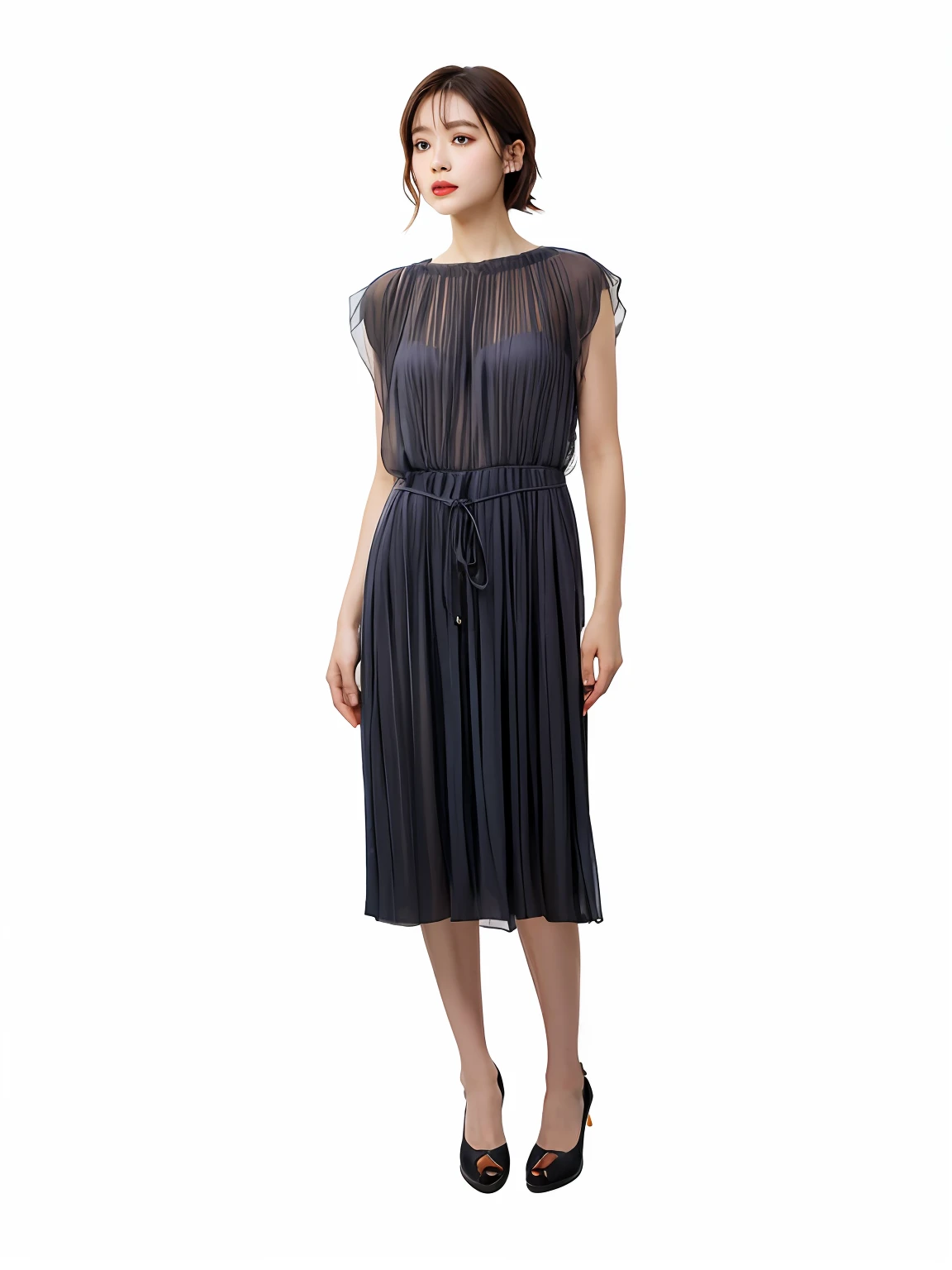 A woman in a black dress stands on white background, mercury dress, dress in voile, translucent silky dress, astral dress, full - length view, airbrush dark dress, Transparent gray dress, soft silk dress, frock, Femme, dark astral dress, Translucent dress, floating dress, Silk dress, Women's long skirt, peasant dress,beachside，rays of sunshine，sandbeach