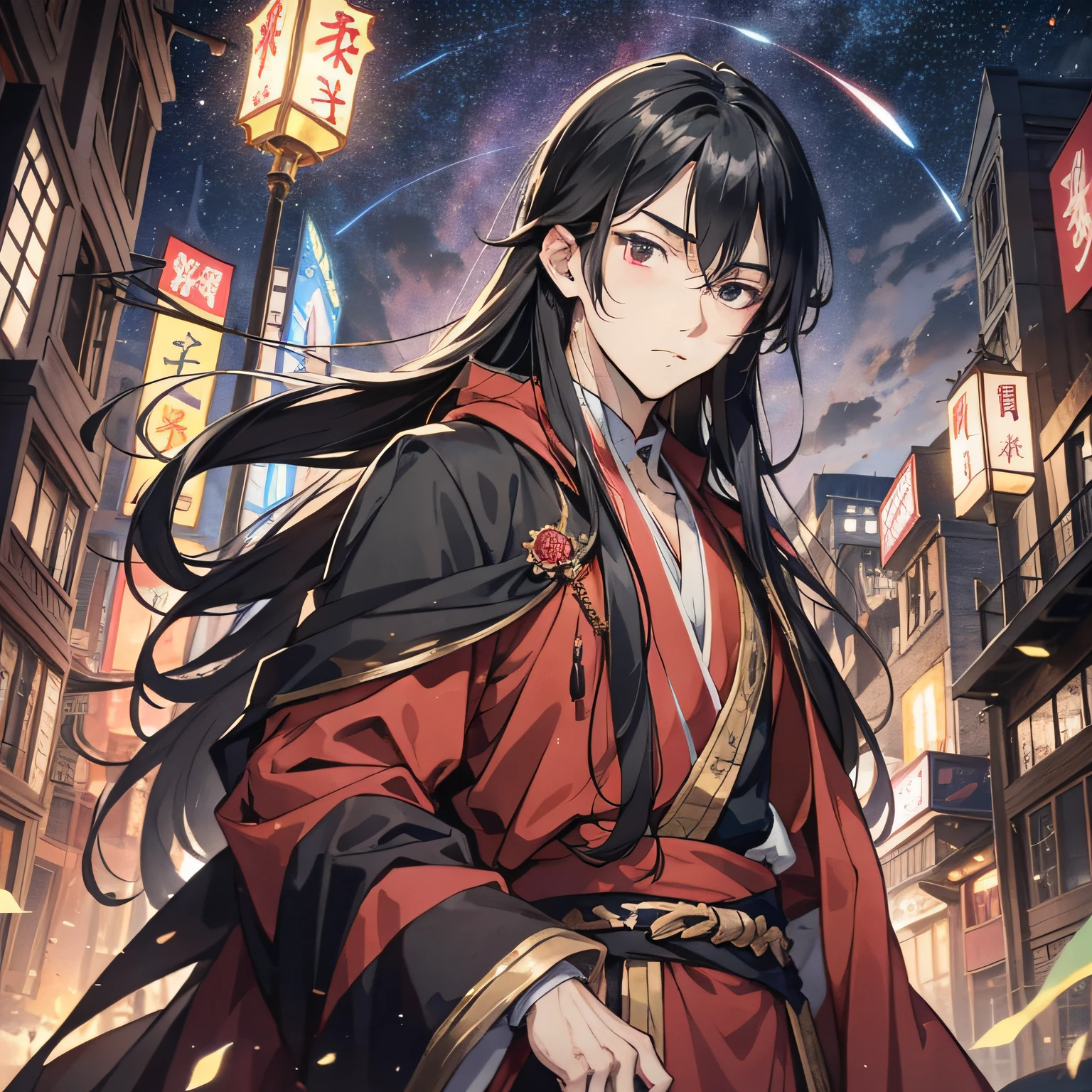 Ancient Chinese anime young man with long black hair and a red Taoist robe of about 18 years old，（Frow expression 1.5）（Rage 1.2）（The background is Starry Sky 1.5）Anime style 4 K，Anime rendering，style of anime。8k，Handsome anime face，Handsome costume boy（Upper body display 1.5）（Handsome boy 1.3）（Cinematic lighting 1.5）Vicissitudes 1.5
