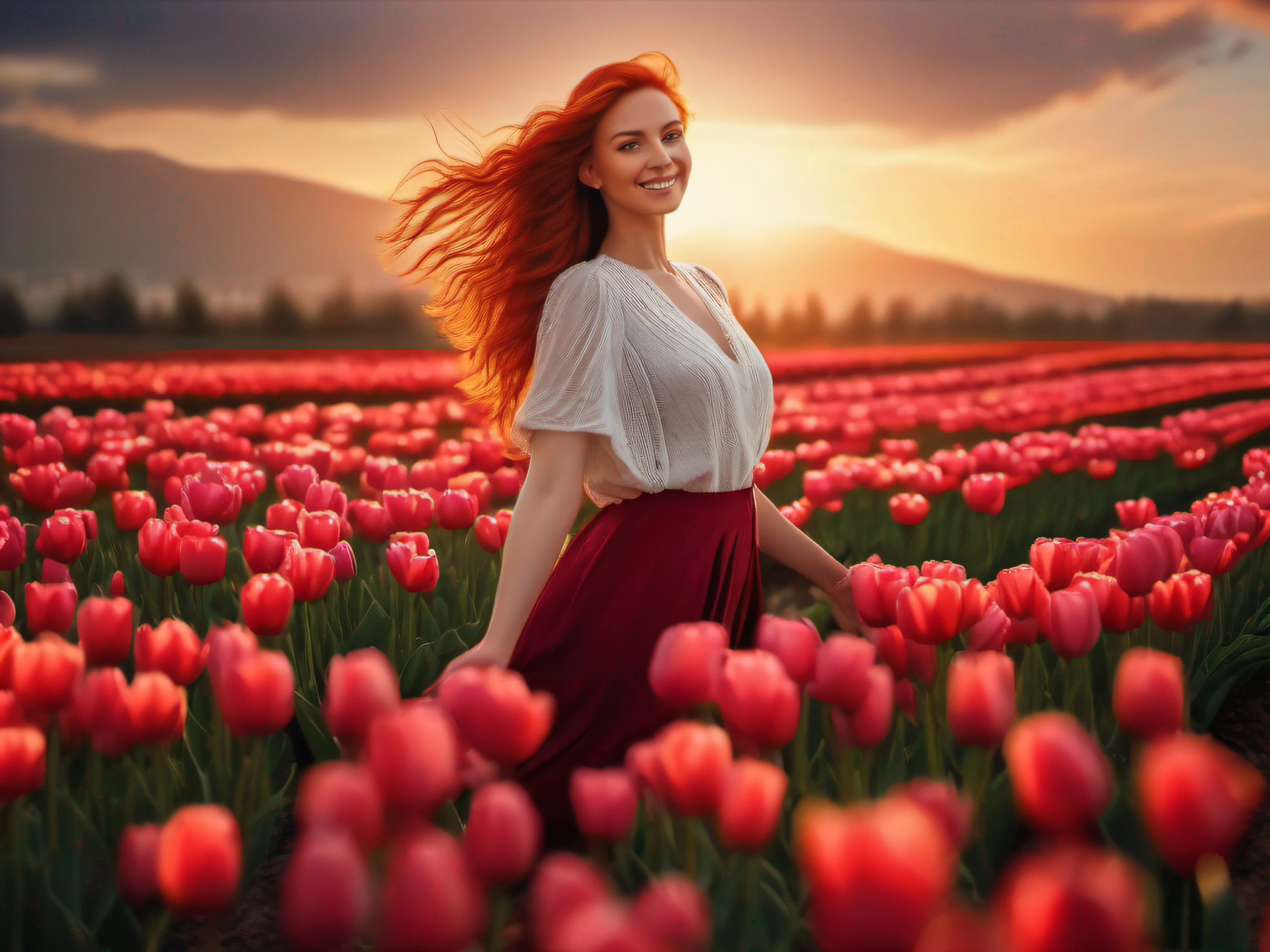 photo realistic of a beautiful red hair woman, on the center of tulip flowers field with sunsets as backlight , smiling at viewer, view from top, wide angle shots, sharp focus,intricate details, ultra realistic, 8k,award winning photo,octane render