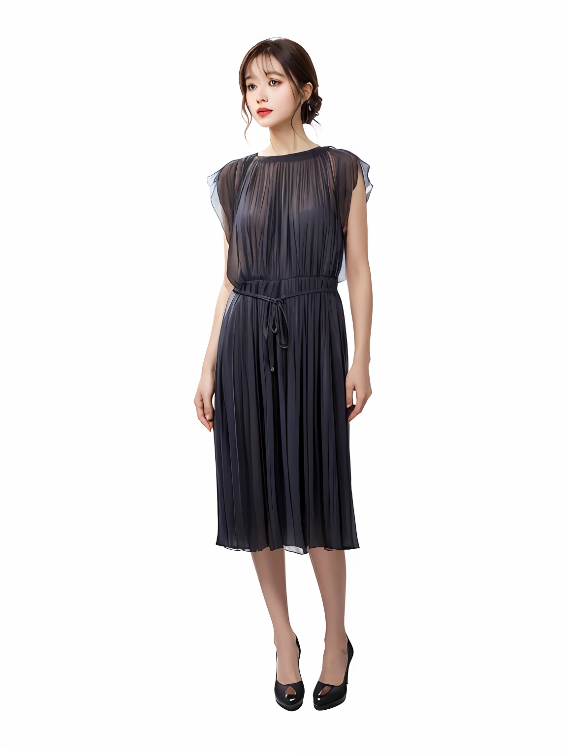 A woman in a black dress stands on white background, mercury dress, dress in voile, translucent silky dress, astral dress, full - length view, airbrush dark dress, Transparent gray dress, soft silk dress, frock, Femme, dark astral dress, Translucent dress, floating dress, Silk dress, Women's long skirt, peasant dress,beachside,rays of sunshine,sandbeach
