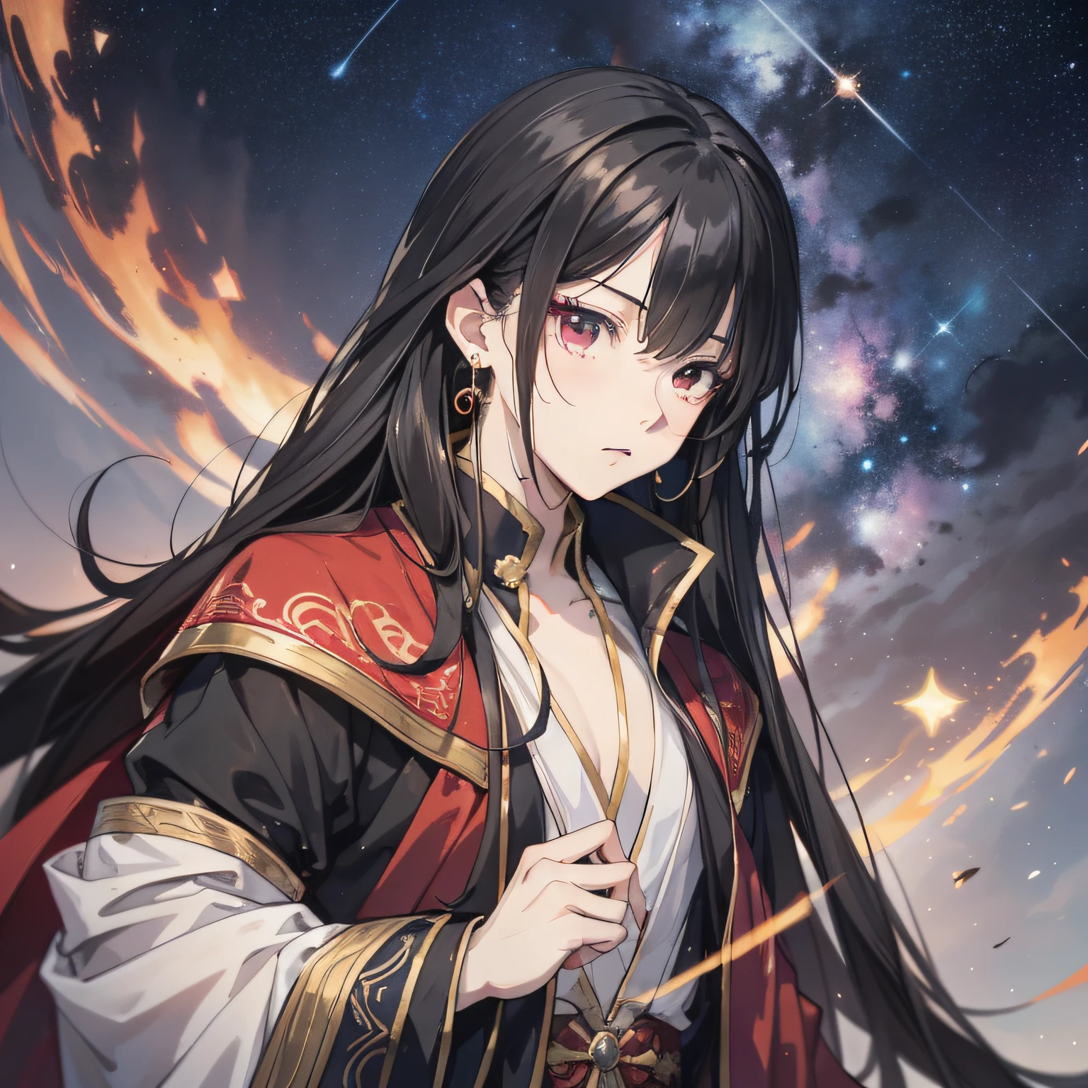 Ancient Chinese anime young man with long black hair and a red Taoist robe of about 18 years old，（Frow expression 1.5）（Rage 1.2）（The background is Starry Sky 1.5）Anime style 4 K，Anime rendering，style of anime。8k，Handsome anime face，Handsome costume boy（Upper body display 1.5）（Handsome boy 1.3）（Cinematic lighting 1.5）Vicissitudes 1.5