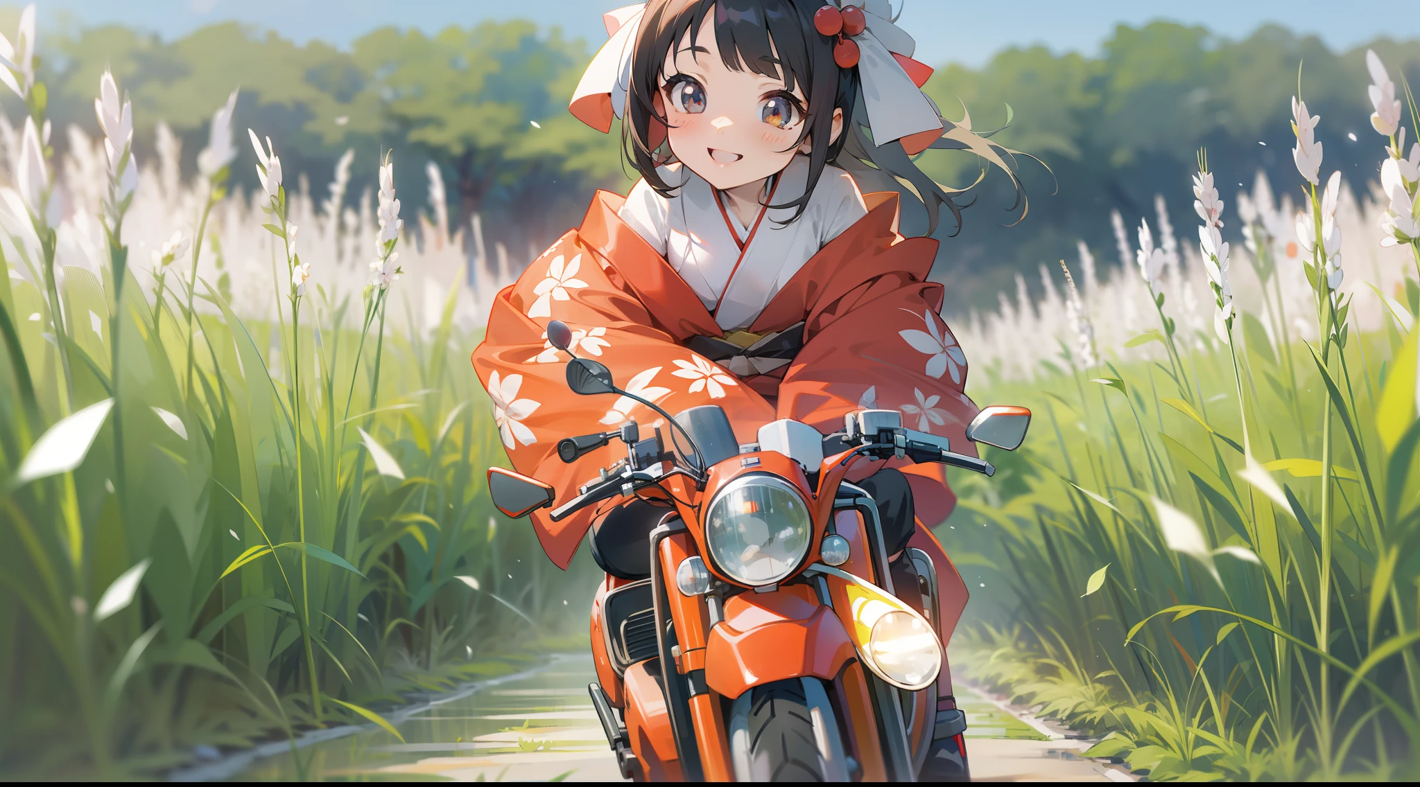 Kaguya in a kimono, A smile, kawaii, accessorized, Girl riding motorcycle on summer rice field road