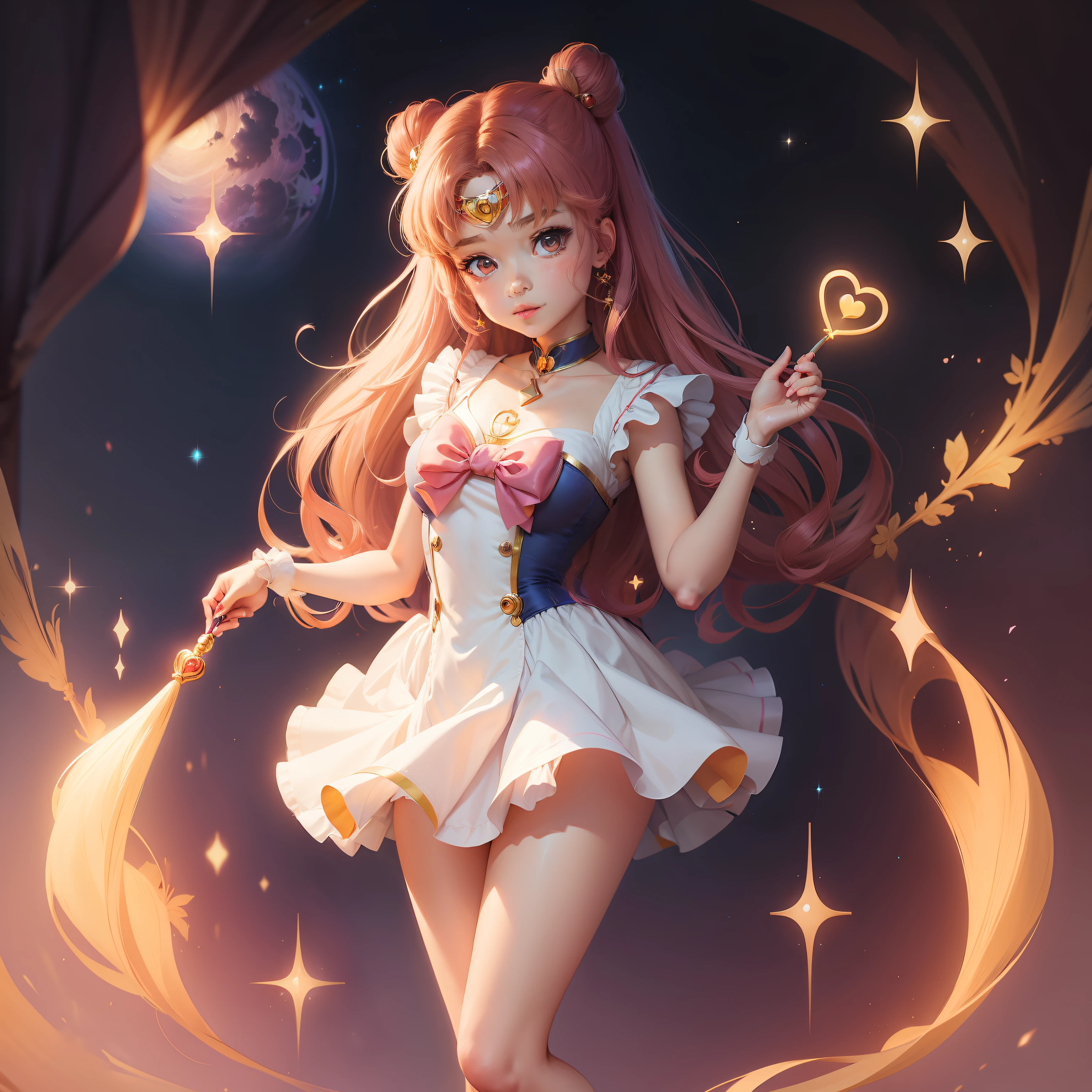 cute anime girl , sailormoon dress , taking a love shape stick , love love background , sweety , masterpiece, high quality