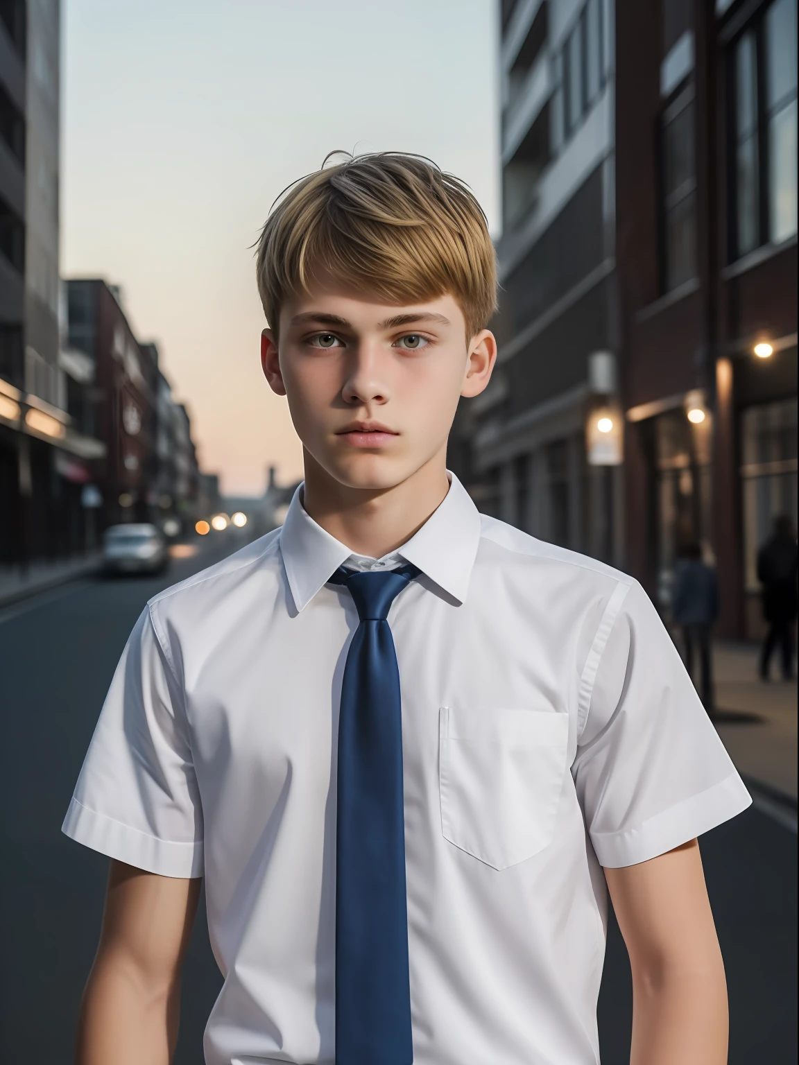 best quality, 4k, a guy, ((with white short hair)), city, white guy, white eyes, shirt, tie,