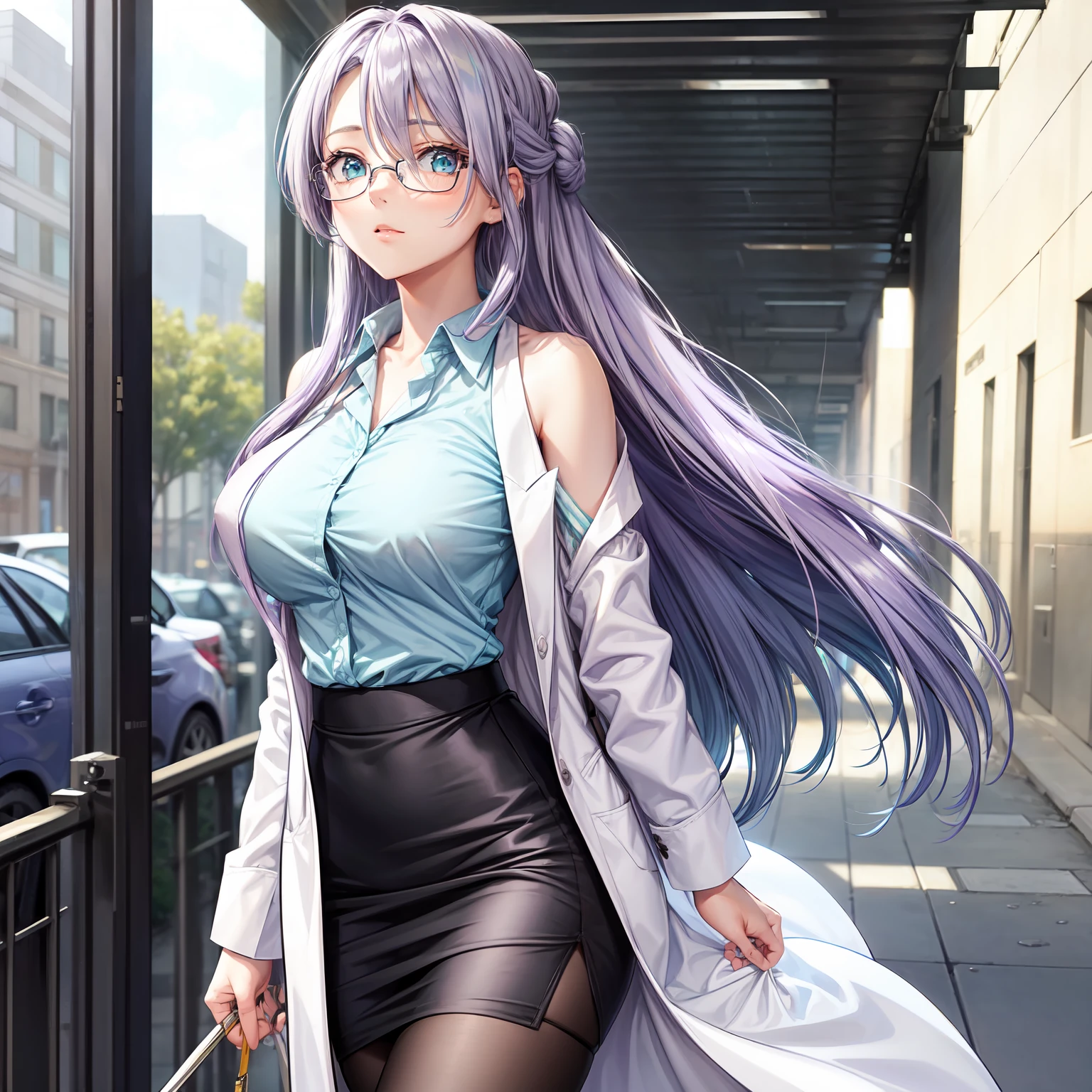 1 girl, lavender hair, long hair, lavender mature half updo, bangs hanging on the left side shoulder length hair strands hanging on either side tucked behind ears, light blue green eyes, Women's rimless glasses, large breast, doctor white coat, office lady tight shirt, unbottened shirt, pencil skirt, pair black stocking, outdoor