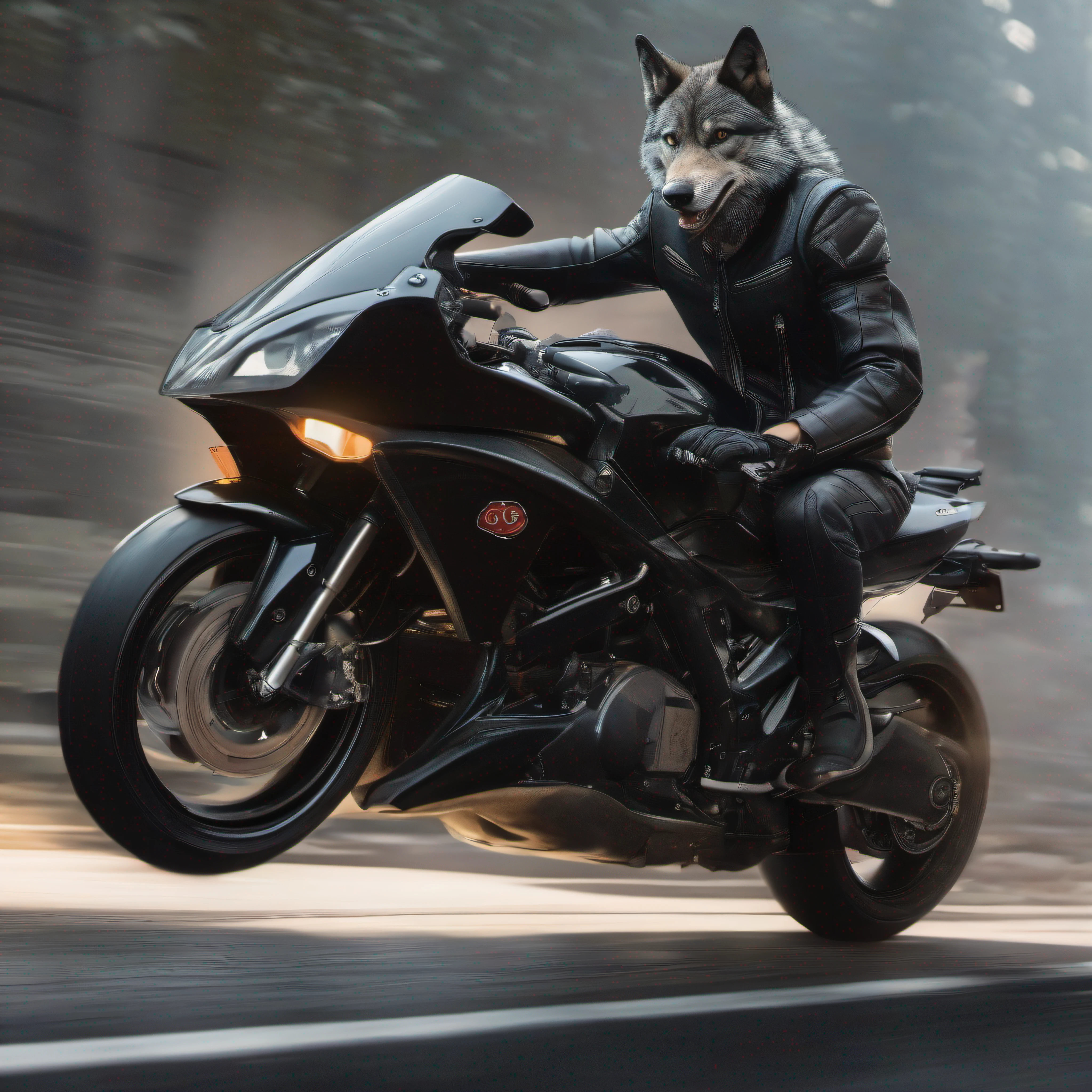 An anthropomorphic wolf, clad in sleek black leather, astride a powerful sport bike